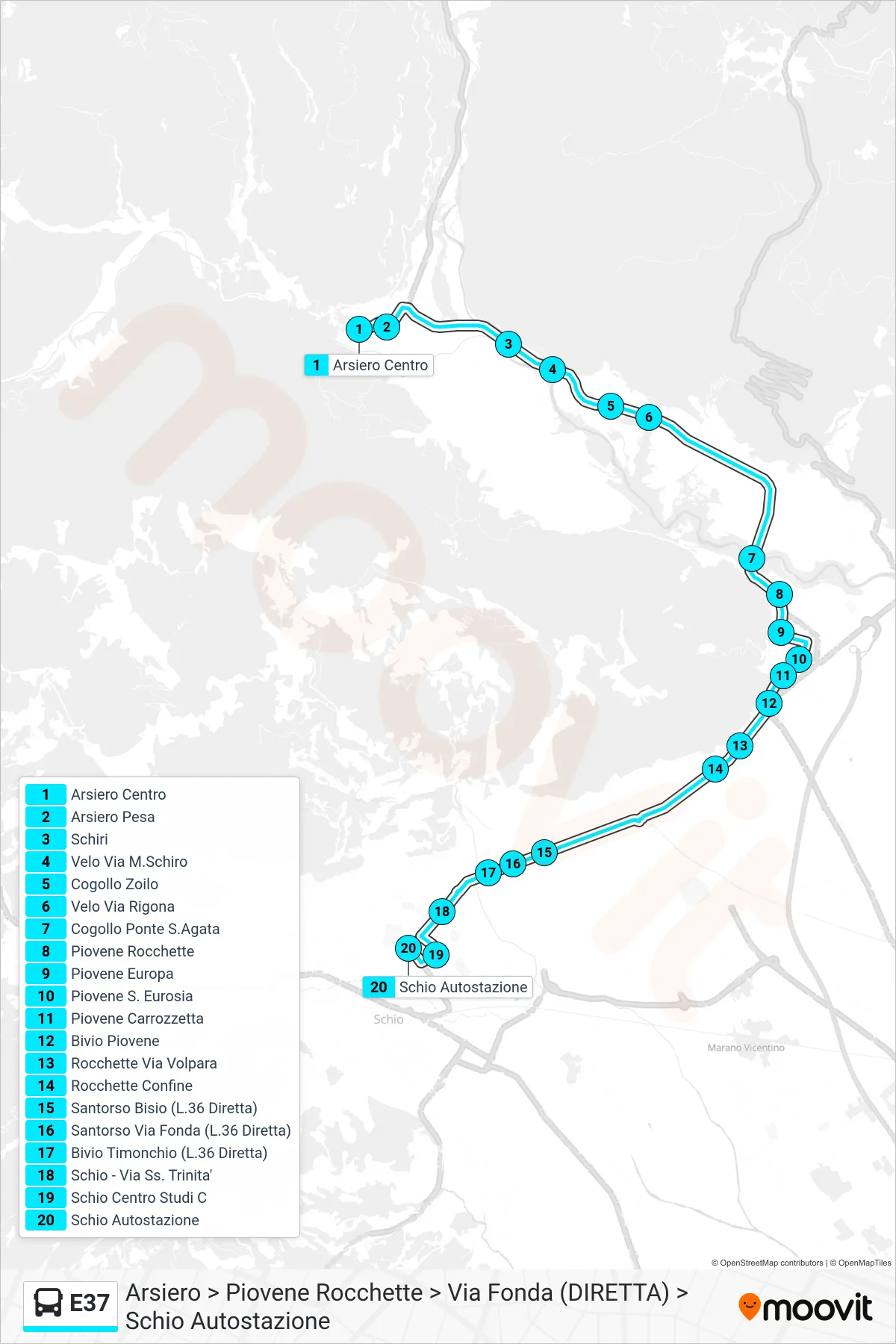 Linea E37  bus (Arsiero > Piovene Rocchette > Via Fonda (DIRETTA) > Schio Autostazione) - Percorsi e fermate sulla mappa