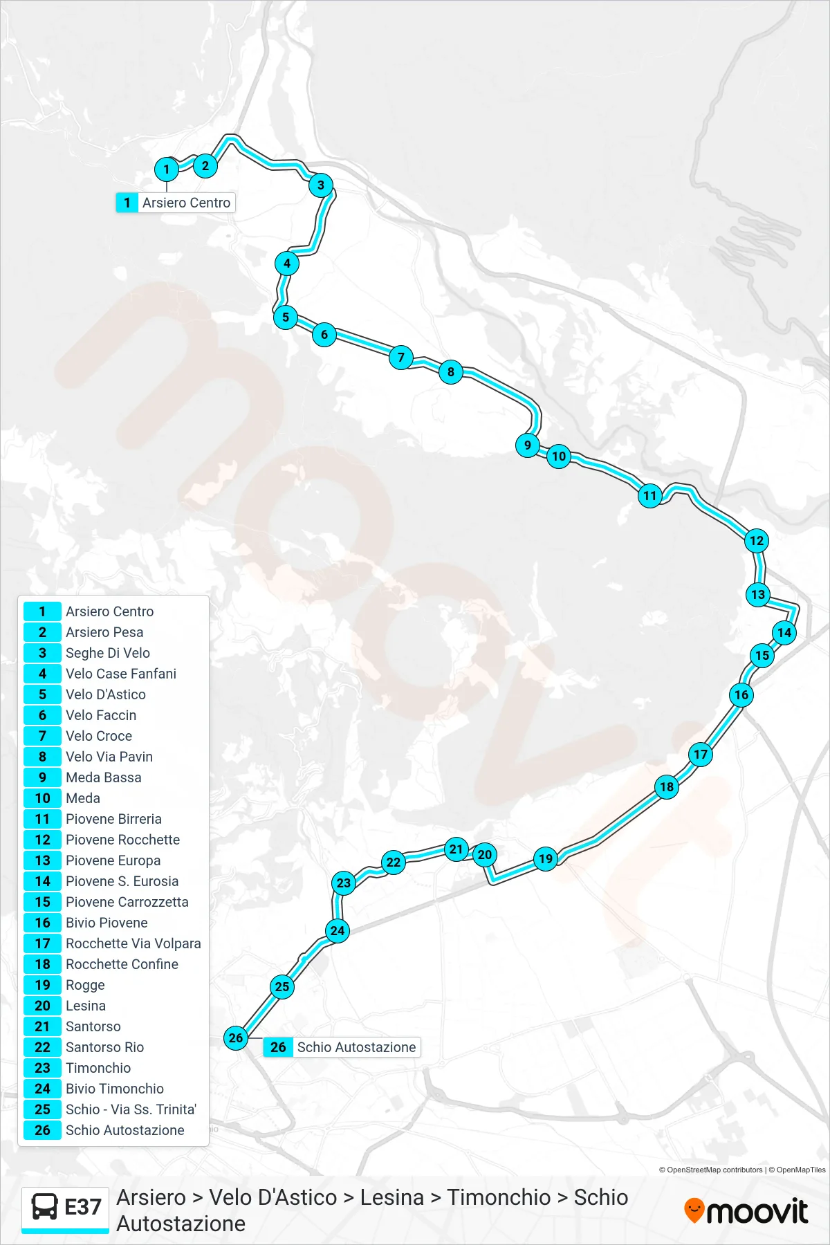 Linea E37 bus (Arsiero > Velo D'Astico > Lesina > Timonchio > Schio Autostazione) - Percorsi e fermate sulla mappa