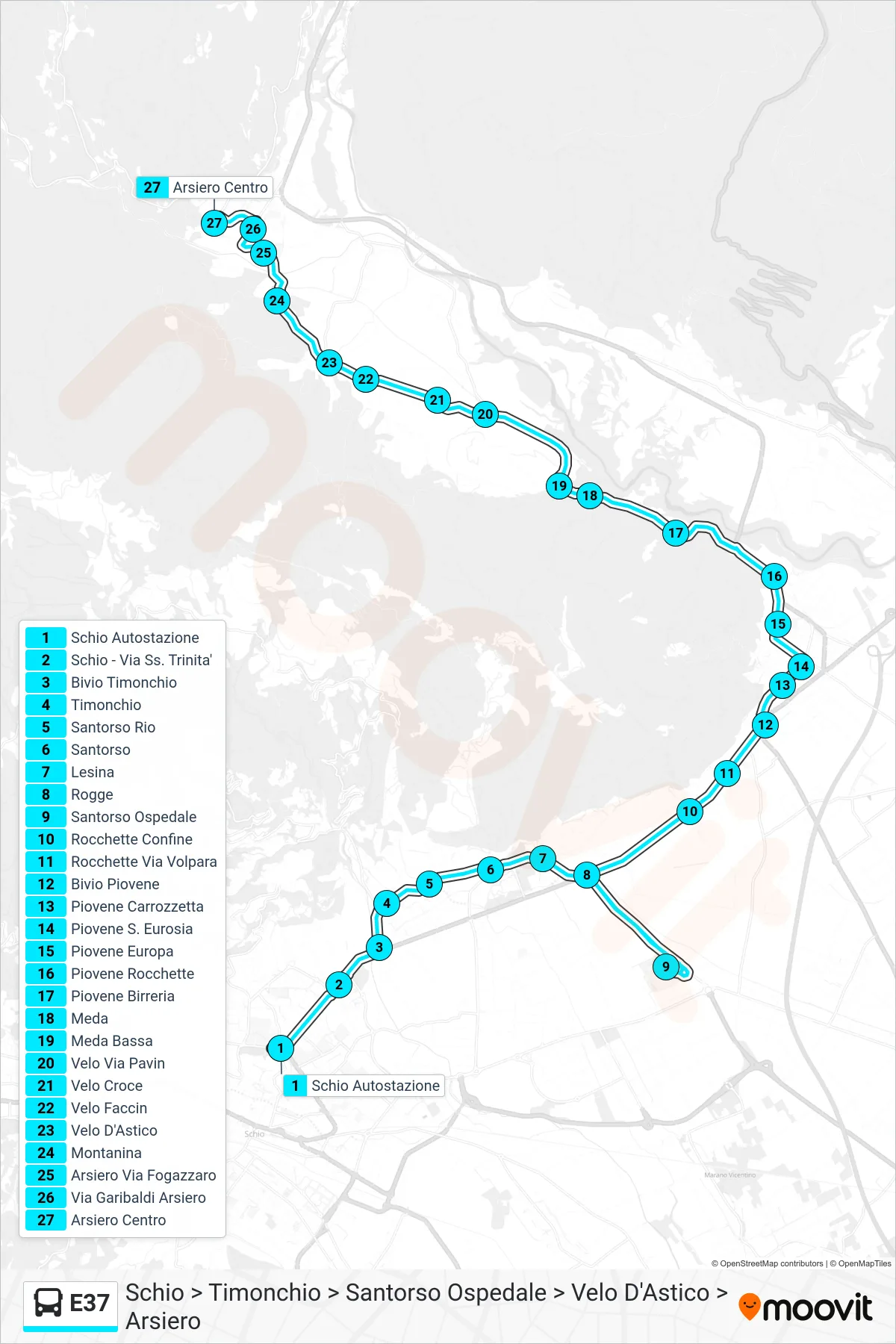Linea E37 bus (Schio > Timonchio > Santorso Ospedale > Velo D'Astico > Arsiero) - Percorsi e fermate sulla mappa