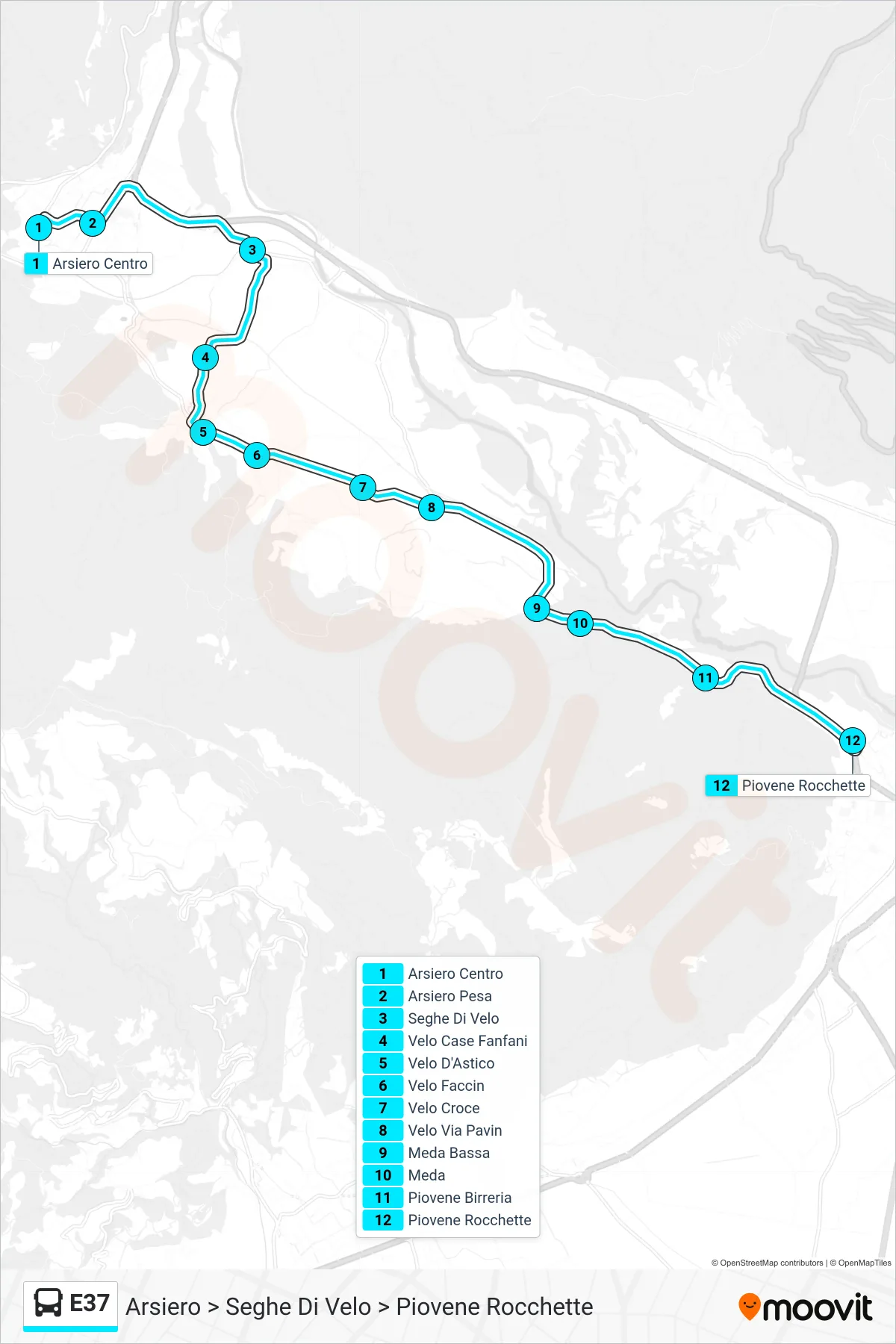 Linea E37  bus (Arsiero > Seghe Di Velo > Piovene Rocchette) - Percorsi e fermate sulla mappa