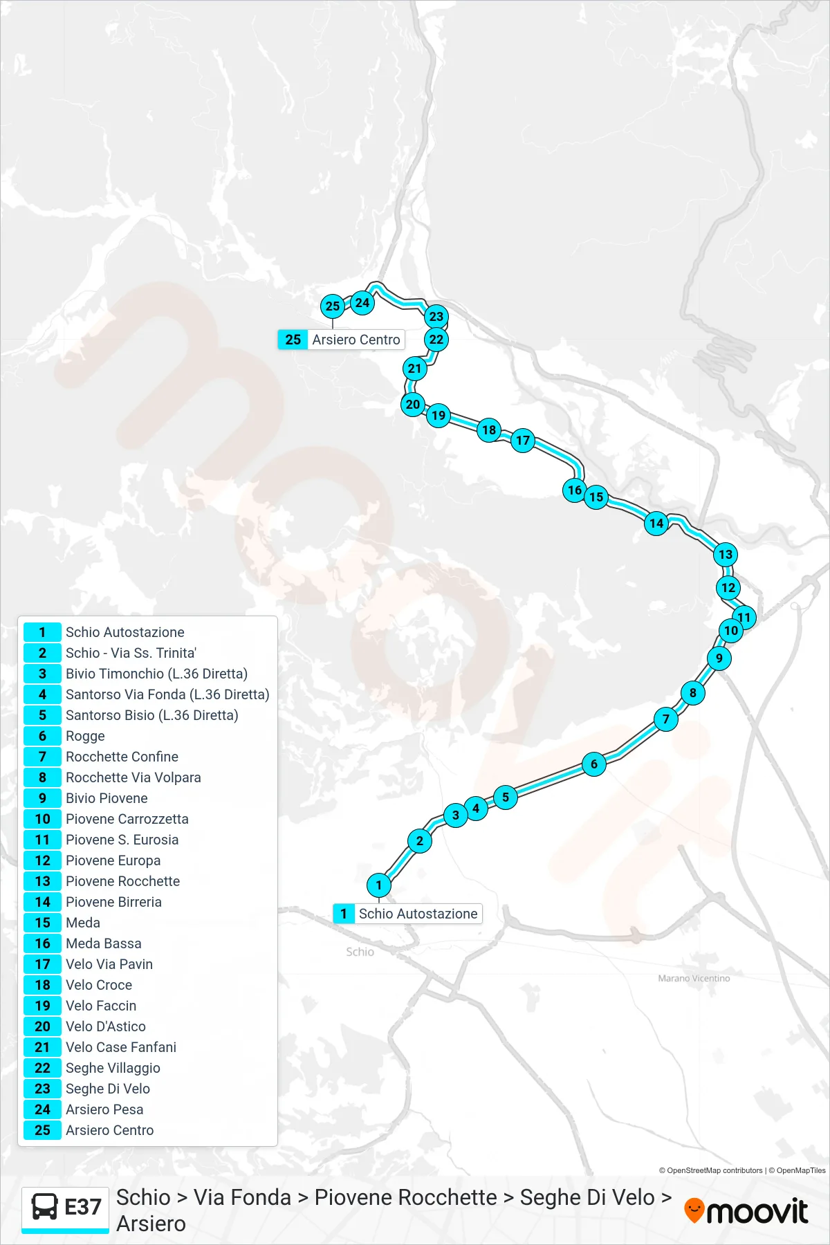 Linea E37 bus (Schio > Via Fonda > Piovene Rocchette > Seghe Di Velo > Arsiero) - Percorsi e fermate sulla mappa