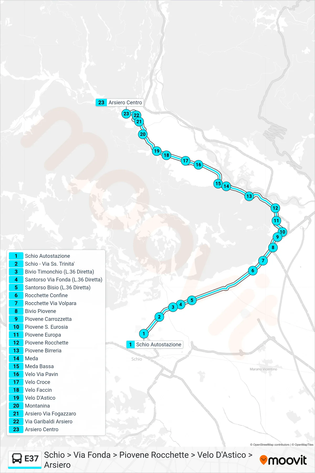 Linea E37  bus (Schio > Via Fonda > Piovene Rocchette > Velo D'Astico > Arsiero) - Percorsi e fermate sulla mappa