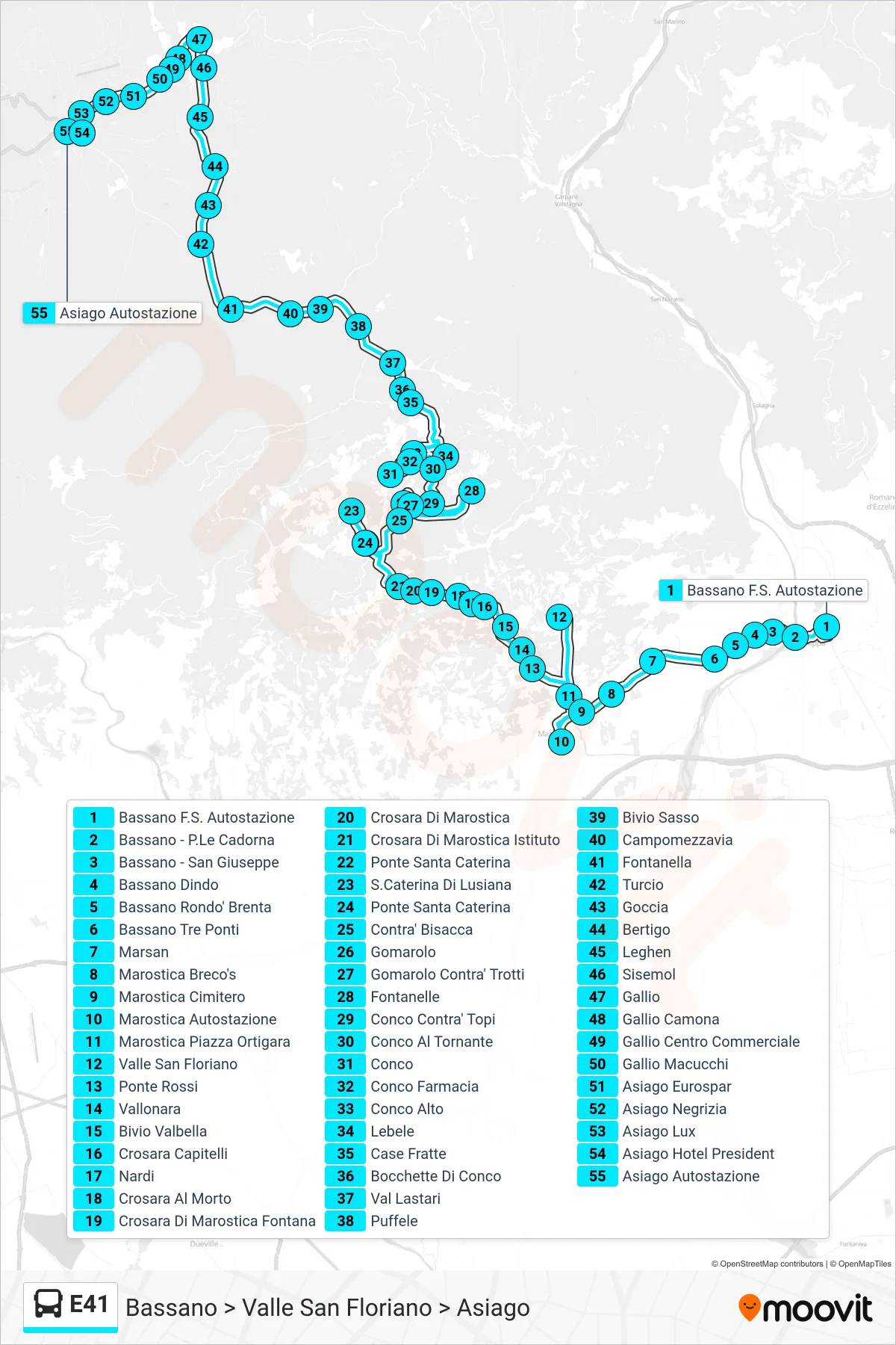 Linea E41 bus (Bassano > Valle San Floriano > Asiago) - Percorsi e fermate sulla mappa