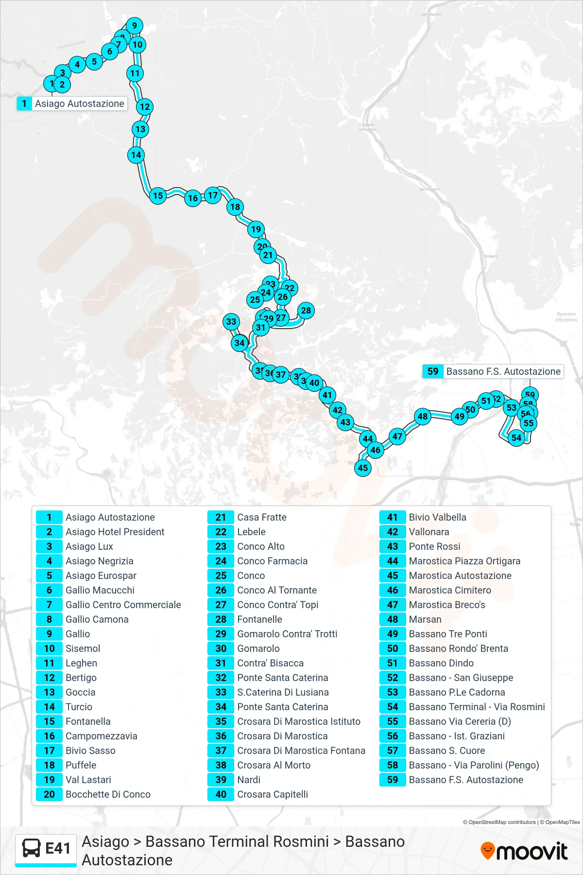 Linea E41 bus (Asiago > Bassano Terminal Rosmini > Bassano Autostazione) - Percorsi e fermate sulla mappa