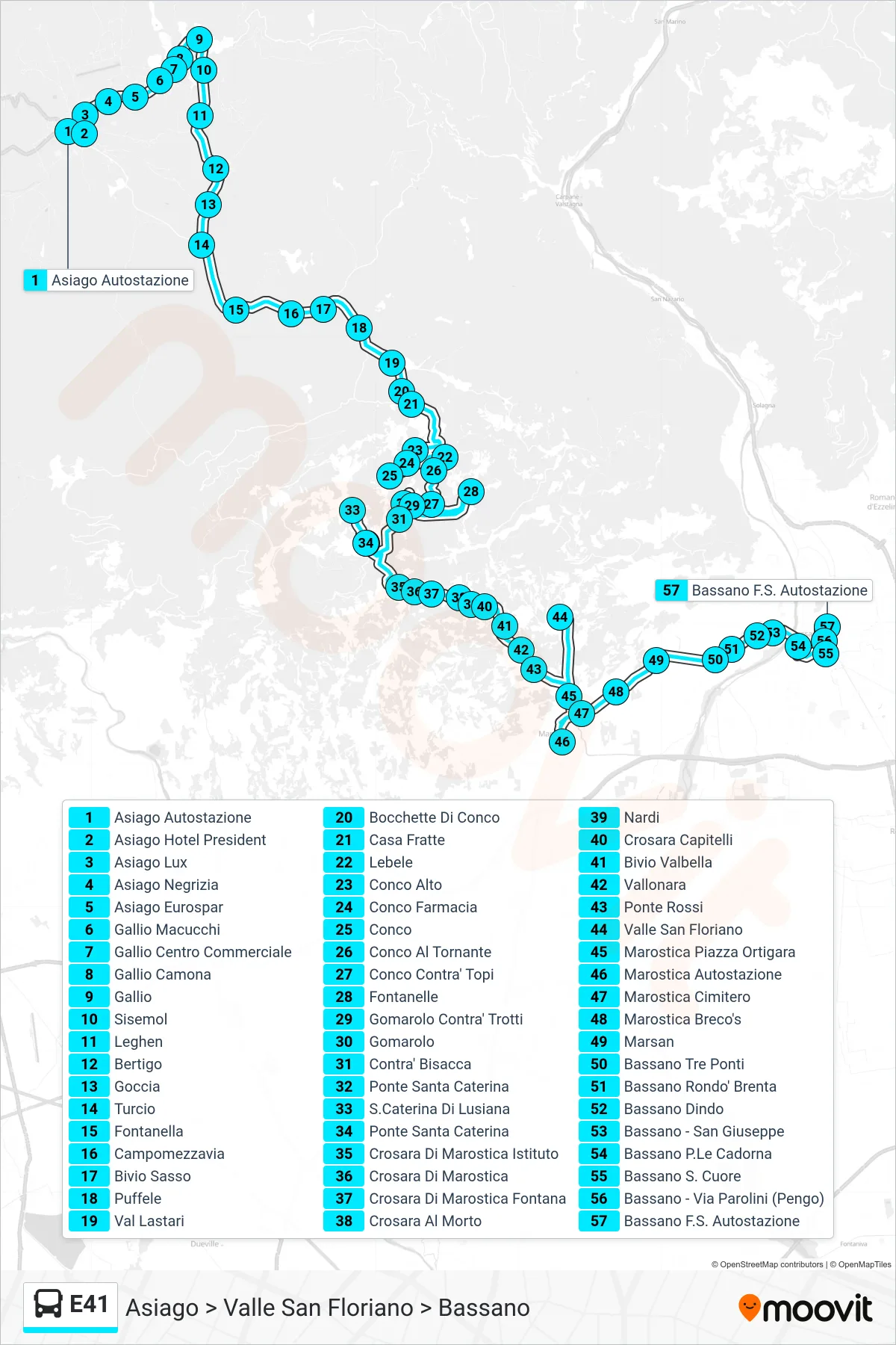 Linea E41  bus (Asiago > Valle San Floriano > Bassano) - Percorsi e fermate sulla mappa