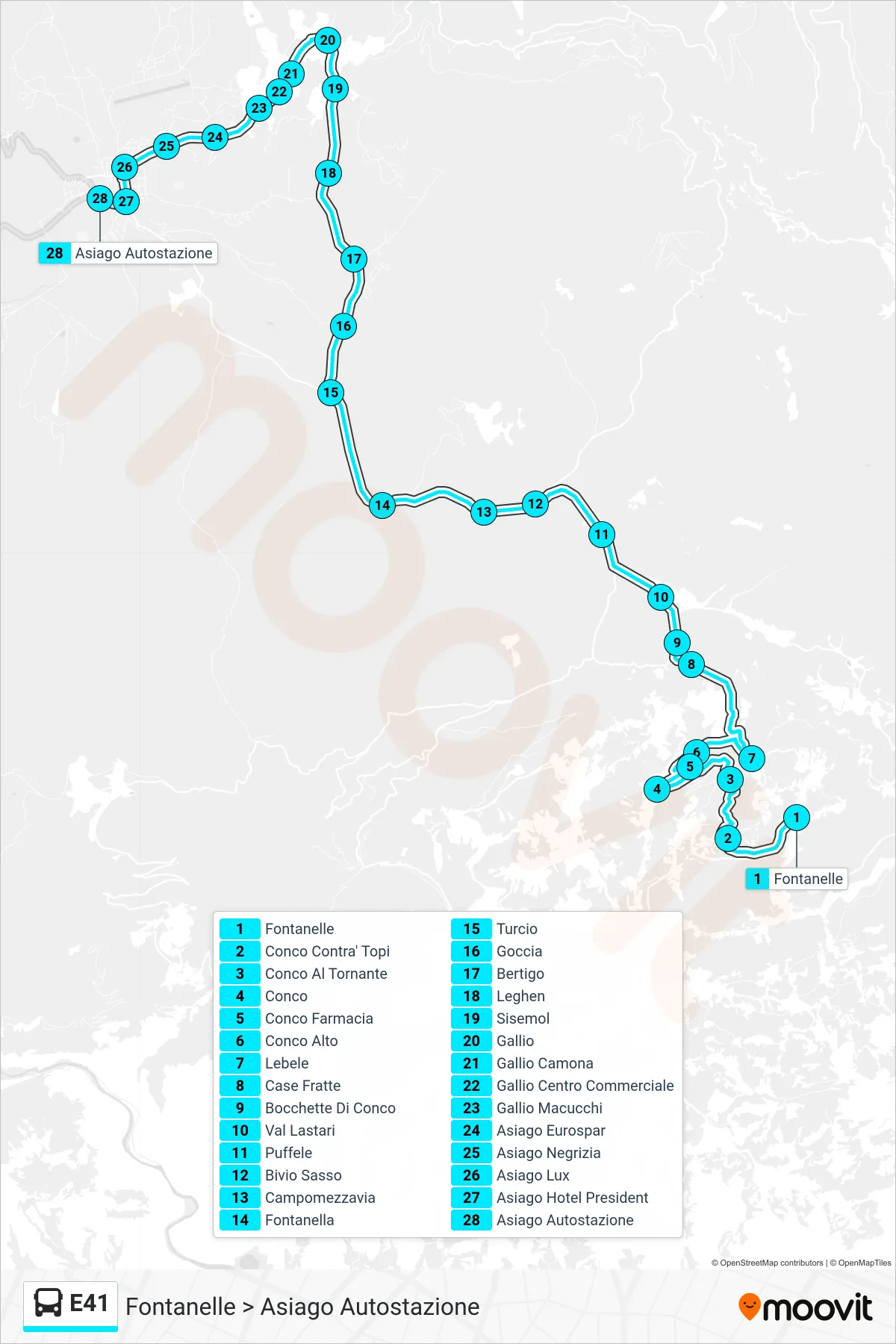 Linea E41 bus (Fontanelle > Asiago Autostazione) - Percorsi e fermate sulla mappa
