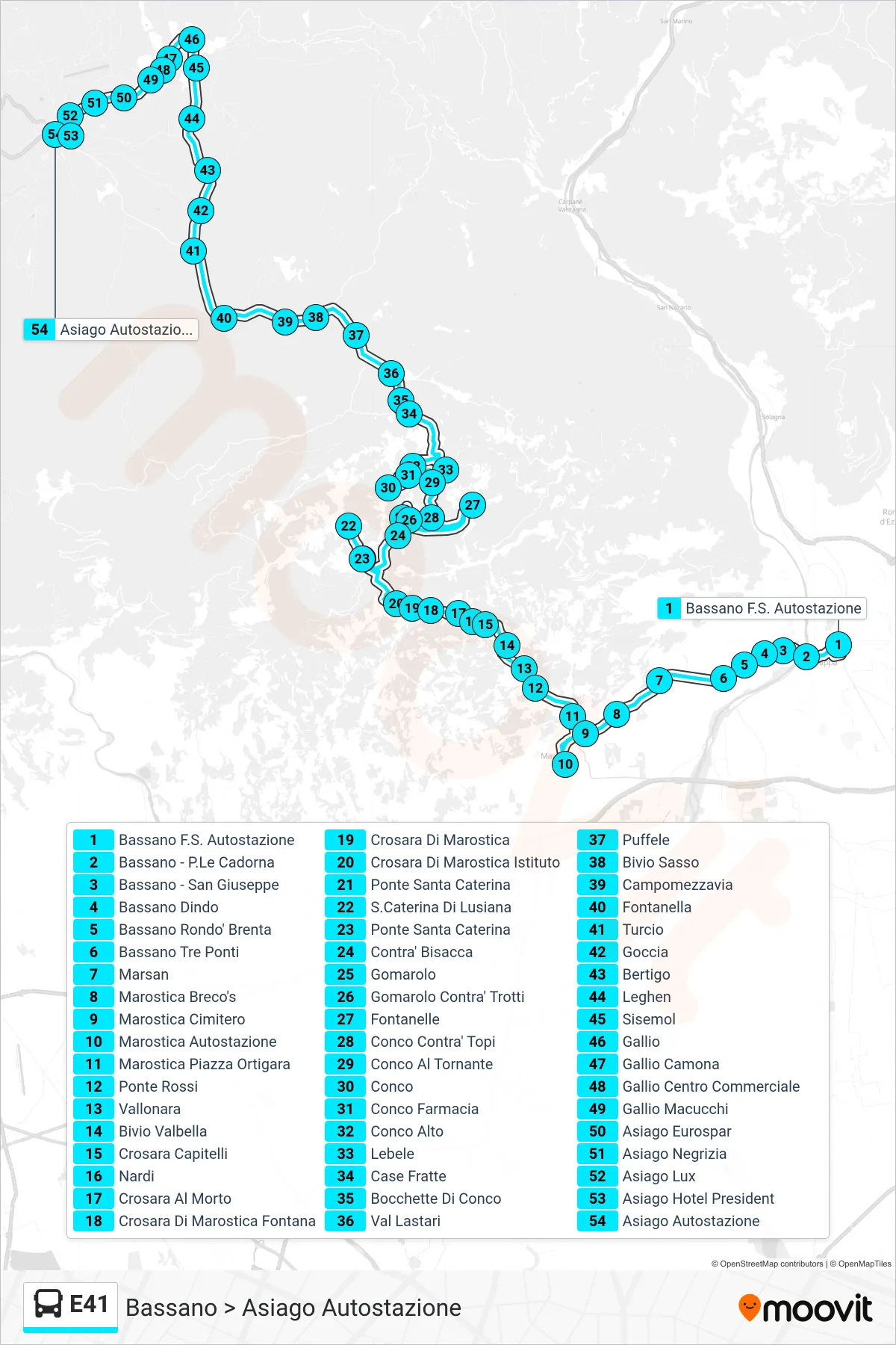 Linea E41 bus (Bassano > Asiago Autostazione) - Percorsi e fermate sulla mappa