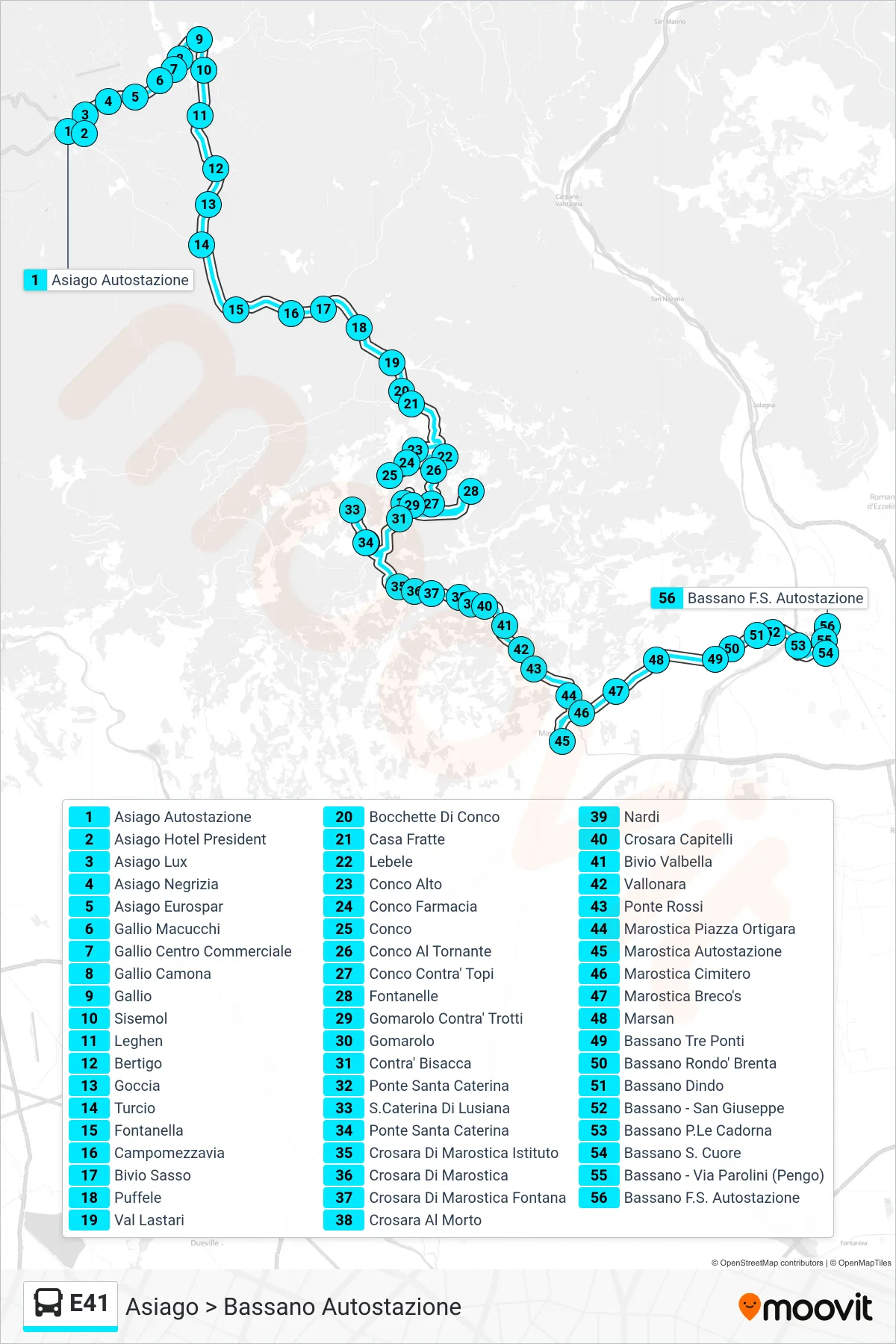 Linea E41 bus (Asiago > Bassano Autostazione) - Percorsi e fermate sulla mappa