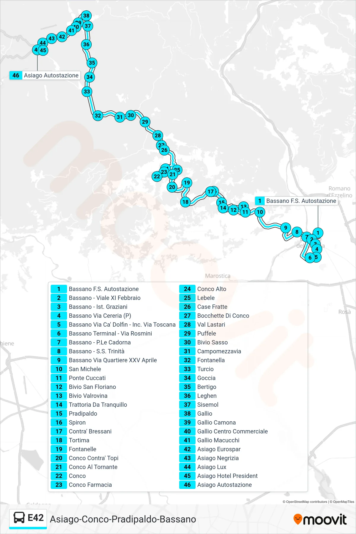 Linea E42 bus (Bassano > Terminal Via Rosmini > Conco > Asiago Autostazione) - Percorsi e fermate sulla mappa
