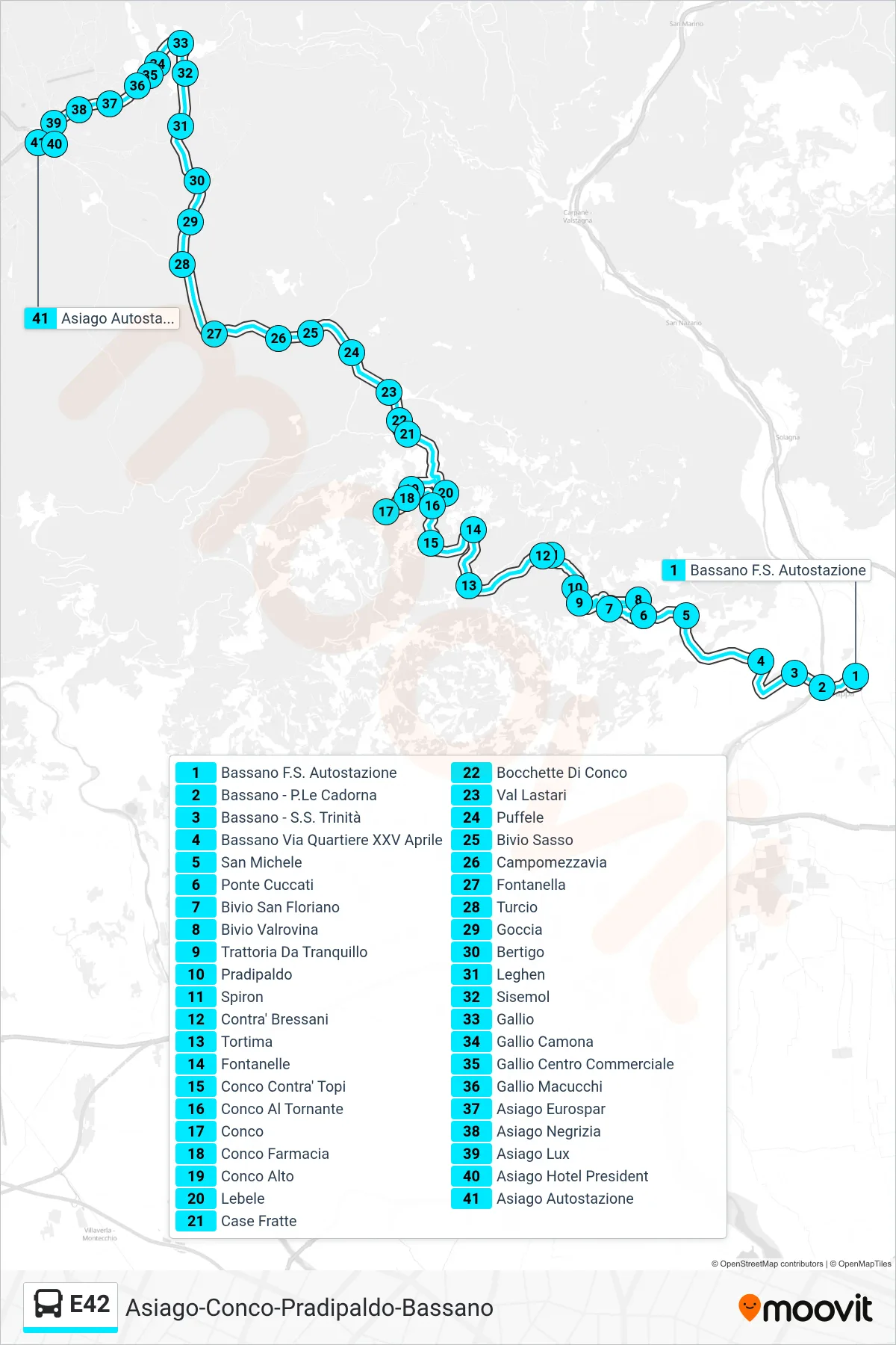 Linea E42 bus (Bassano > Pradipaldo > Conco > Asiago Autostazione) - Percorsi e fermate sulla mappa
