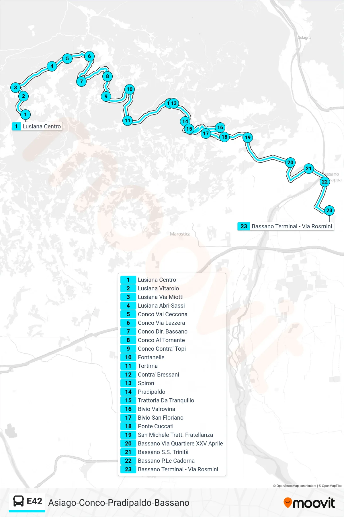 Linea E42 bus (Lusiana Centro > Pradipaldo > Bassano Terminal) - Percorsi e fermate sulla mappa