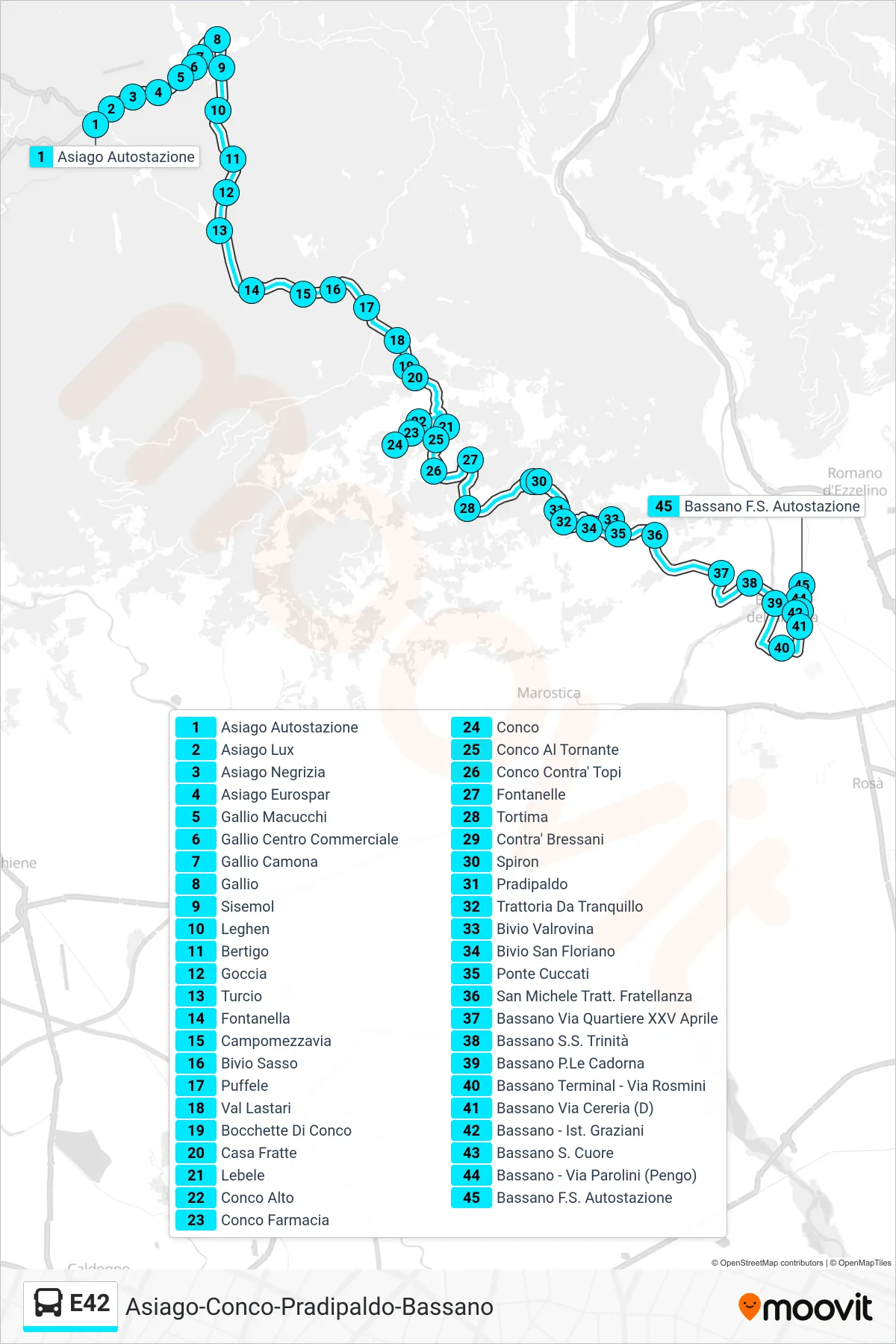 E42 bus Line (Asiago via Conco Pradipaldo to Bassano Terminal to Bus Station) route and stops on a map