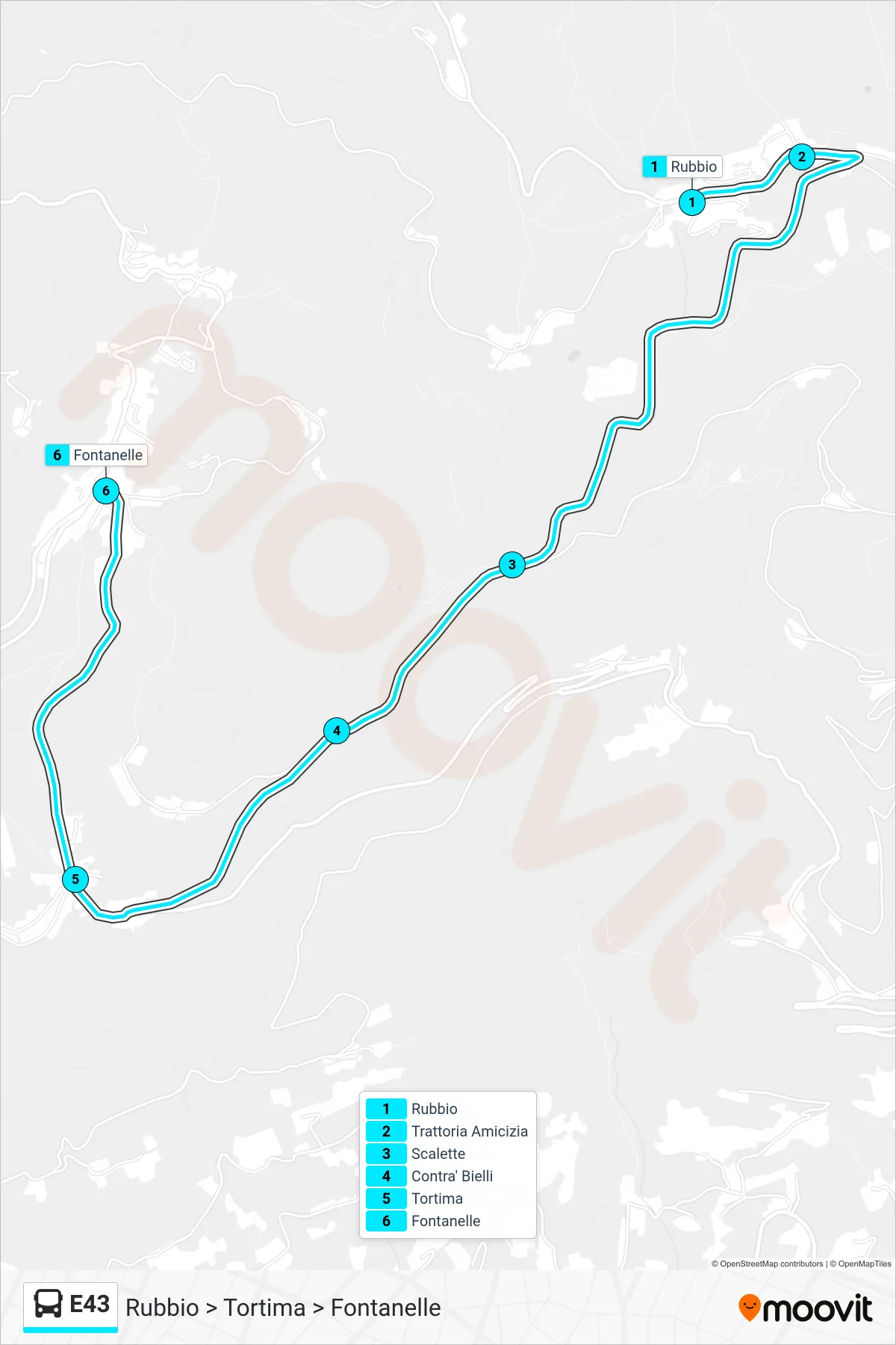 Linea E43  bus (Rubbio > Tortima > Fontanelle) - Percorsi e fermate sulla mappa