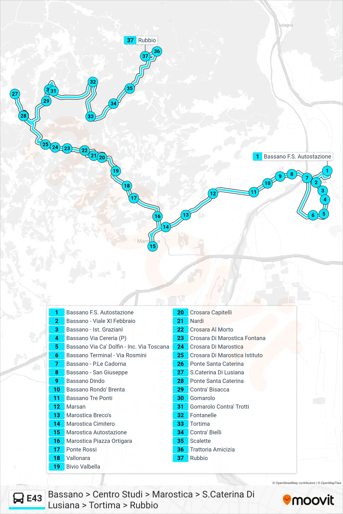 Linea E43 bus (Bassano > Centro Studi > Marostica > S.Caterina Di Lusiana > Tortima > Rubbio) - Percorsi e fermate sulla mappa