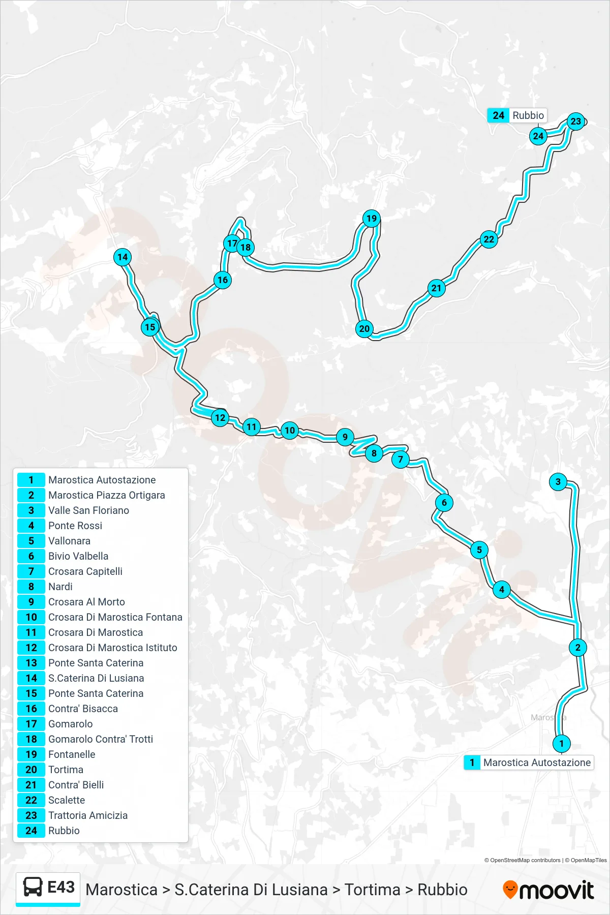 Linea E43 bus (Marostica > S.Caterina Di Lusiana > Tortima > Rubbio) - Percorsi e fermate sulla mappa