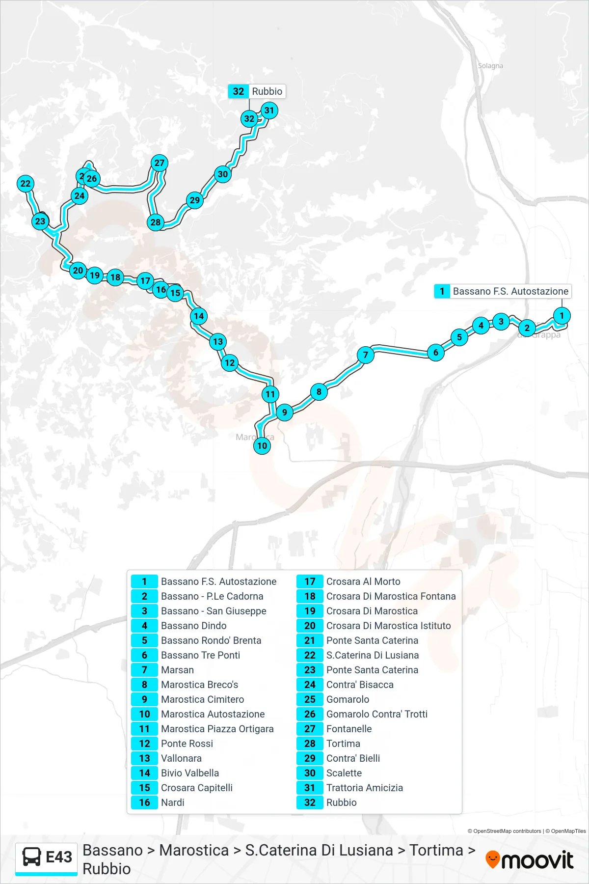 Linea E43  bus (Bassano > Marostica > S.Caterina Di Lusiana > Tortima > Rubbio) - Percorsi e fermate sulla mappa