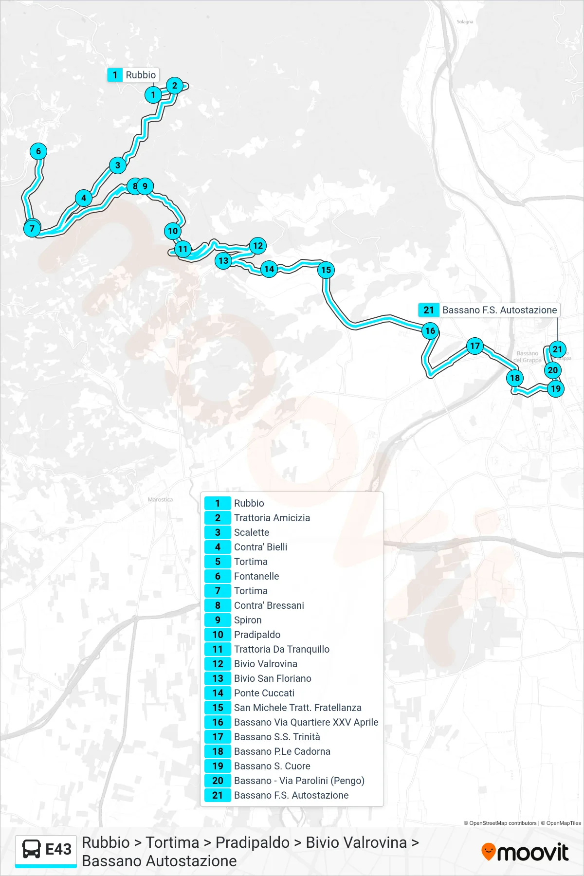 Linea E43 bus (Rubbio > Tortima > Pradipaldo > Bivio Valrovina > Bassano Autostazione) - Percorsi e fermate sulla mappa