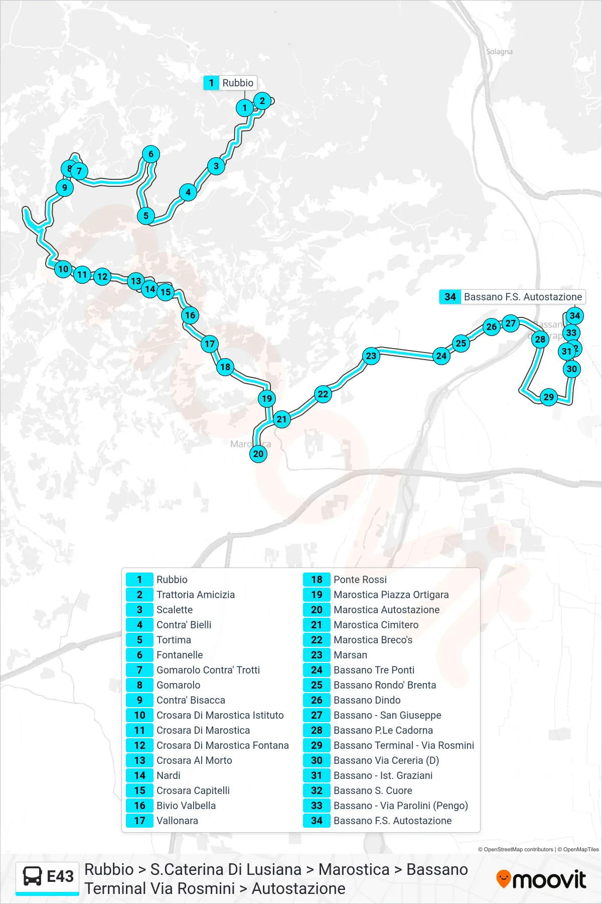 Linea E43  bus (Rubbio > S.Caterina Di Lusiana > Marostica > Bassano Terminal Via Rosmini > Autostazione) - Percorsi e fermate sulla mappa