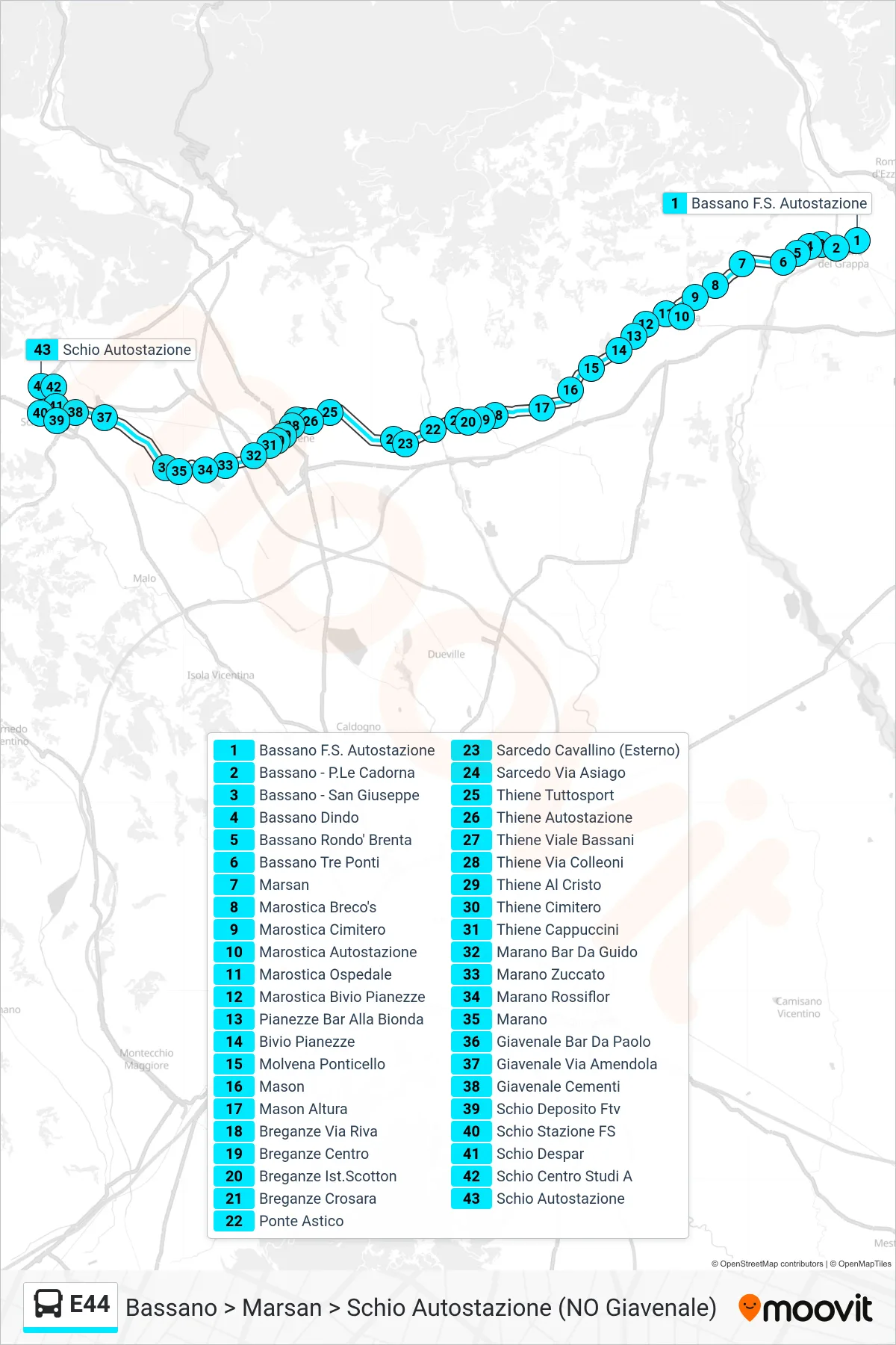Linea E44 bus (Bassano > Marsan > Schio Autostazione (NO Giavenale)) - Percorsi e fermate sulla mappa