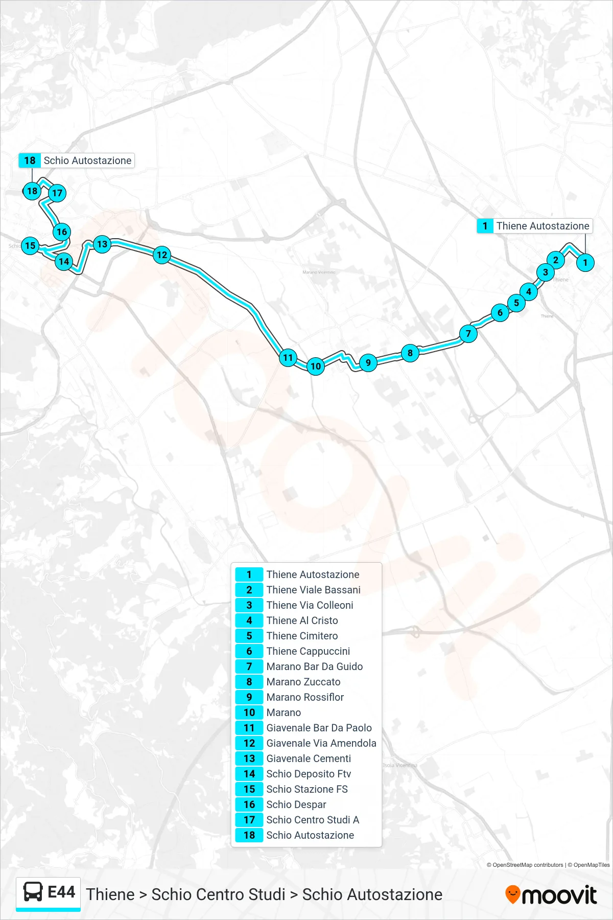 E44 bus Line (Thiene > Schio Study Center > Schio Bus Station) route and stops on a map