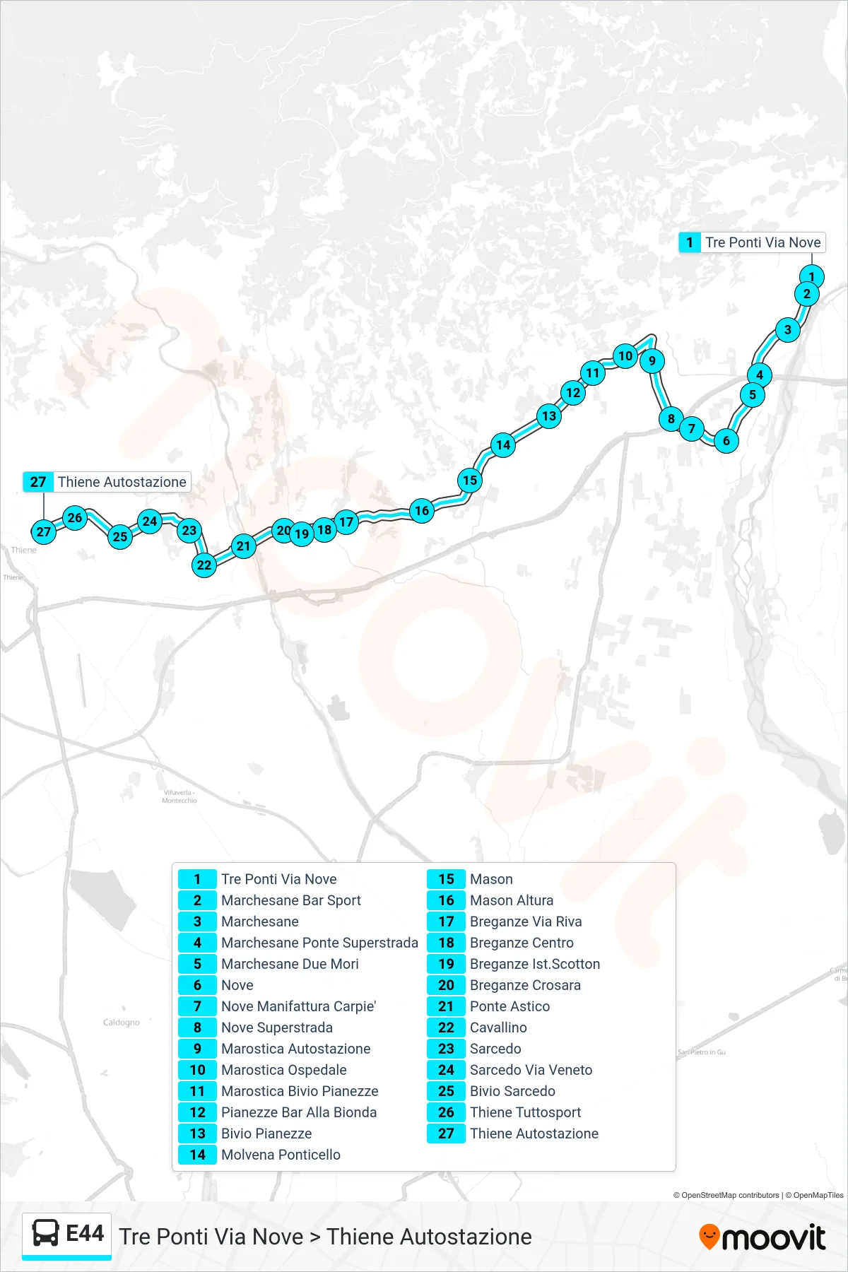 Linea E44  bus (Tre Ponti Via Nove > Thiene Autostazione) - Percorsi e fermate sulla mappa