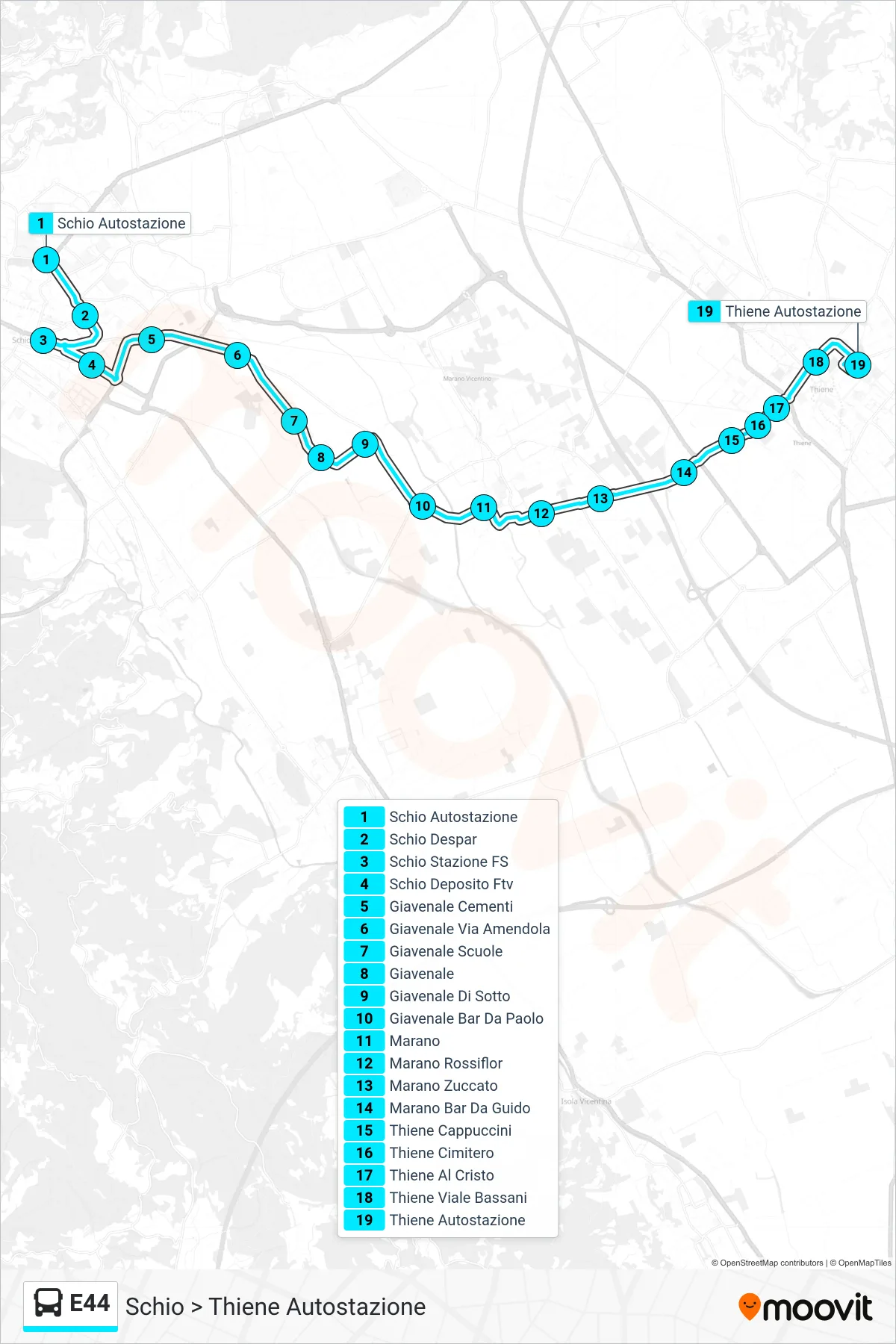 Linea E44 bus (Schio > Thiene Autostazione) - Percorsi e fermate sulla mappa