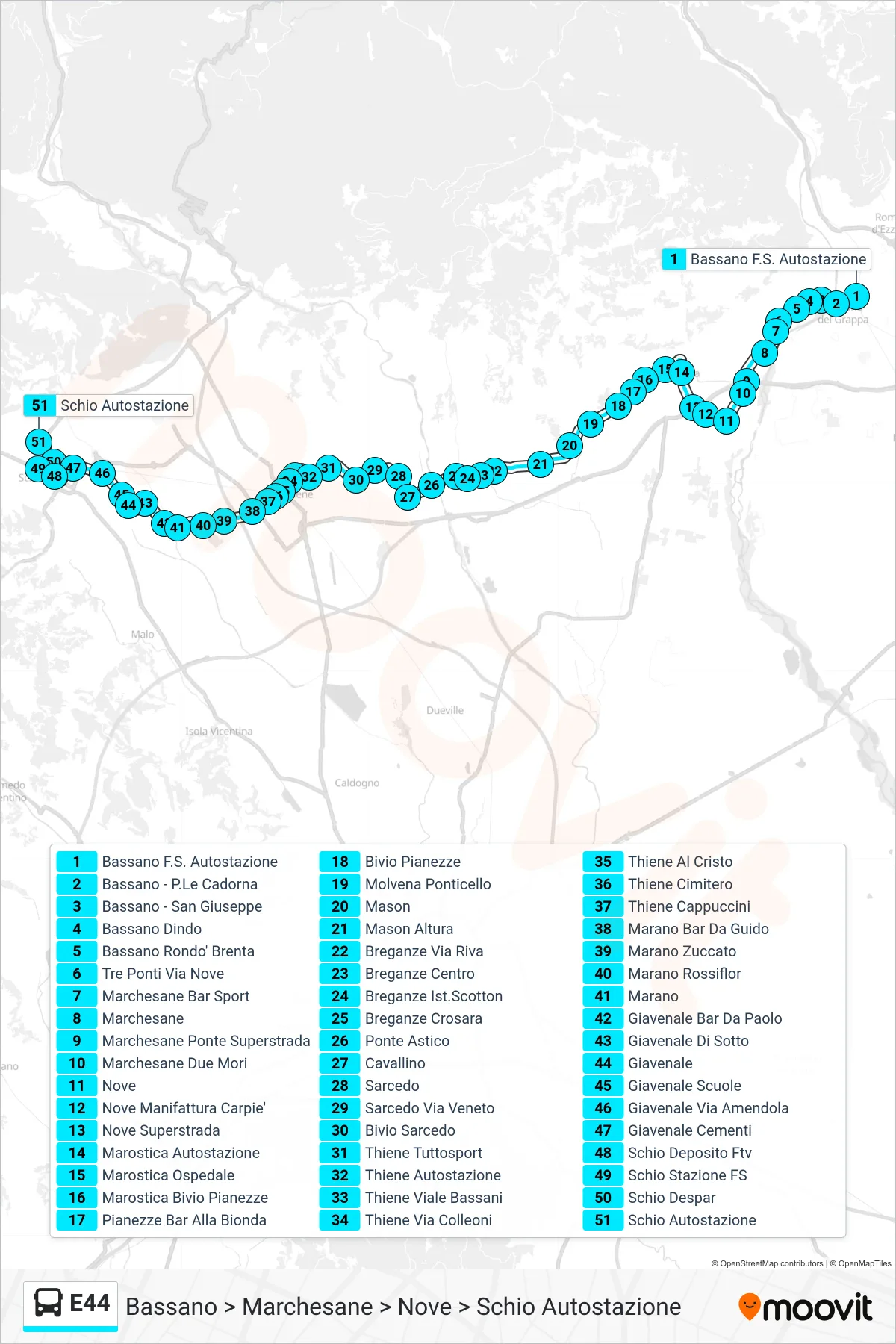 Linea E44 bus (Bassano > Marchesane > Nove > Schio Autostazione) - Percorsi e fermate sulla mappa