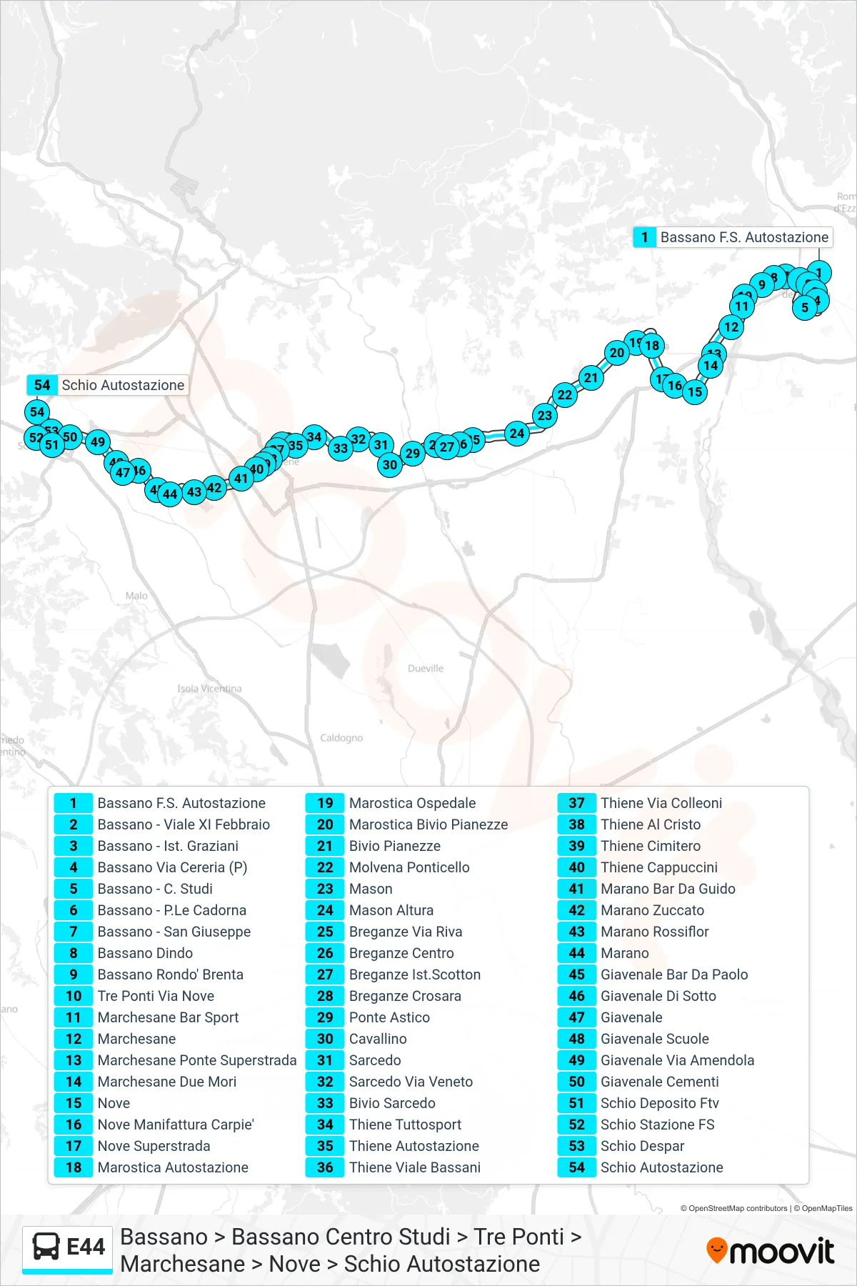 E44 bus Line (Bassano via Study Center, Tre Ponti, Marchesane, Nove to Schio Bus Station) route and stops on a map