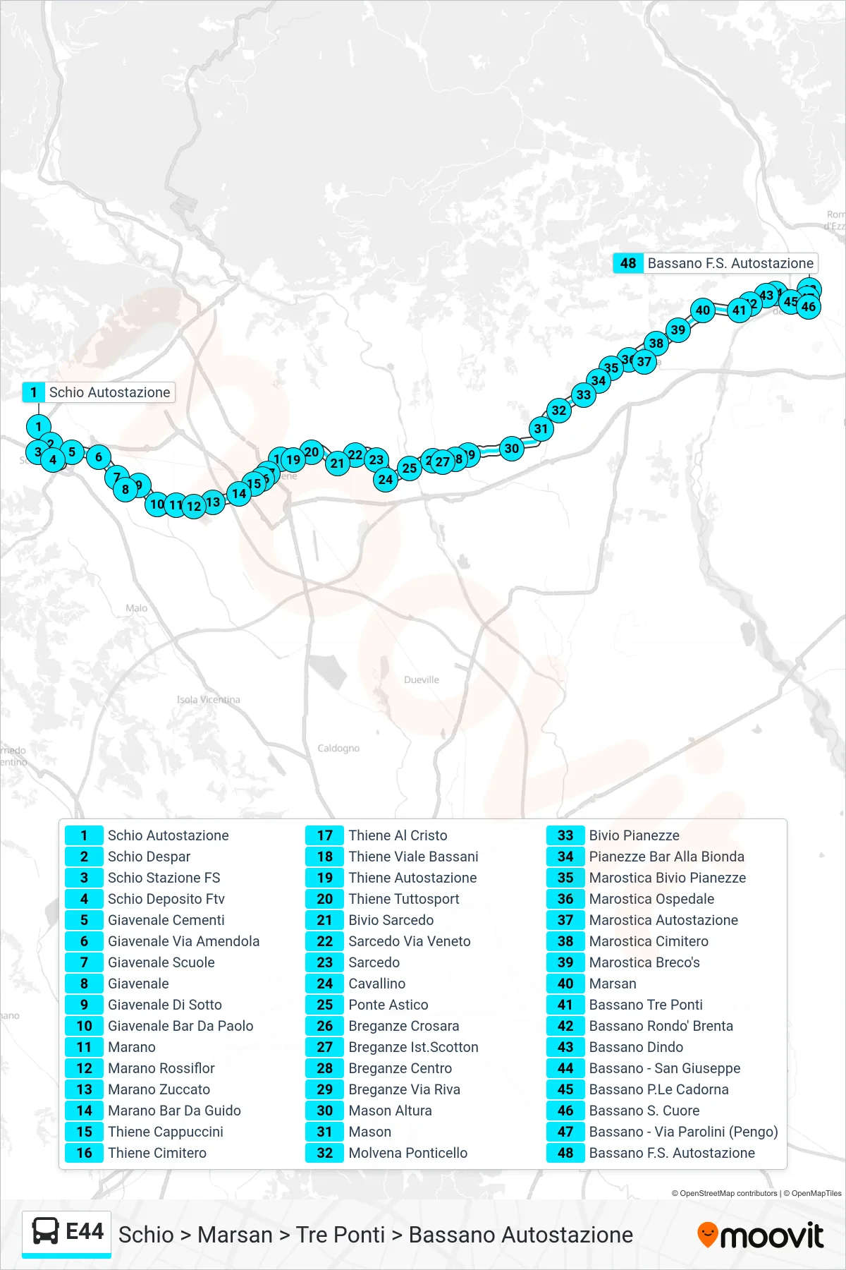 Linea E44 bus (Schio > Marsan > Tre Ponti > Bassano Autostazione) - Percorsi e fermate sulla mappa