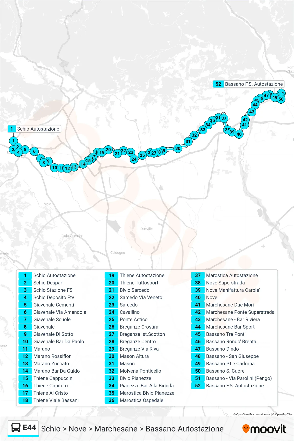 E44 bus Line (Schio to Nove to Marchesane to Bassano Bus Station) route and stops on a map