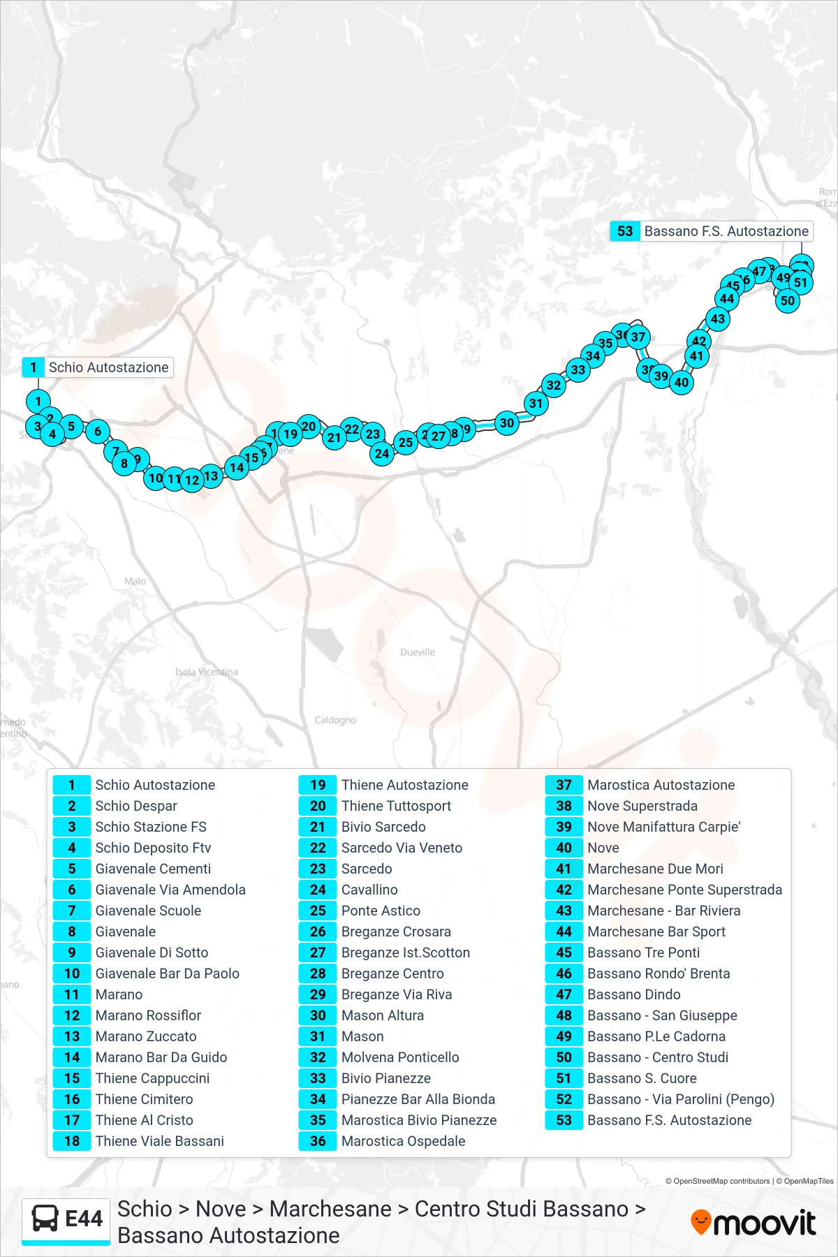E44 bus Line (Schio to Nove to Marchesane to Bassano Study Center to Bassano Bus Station) route and stops on a map