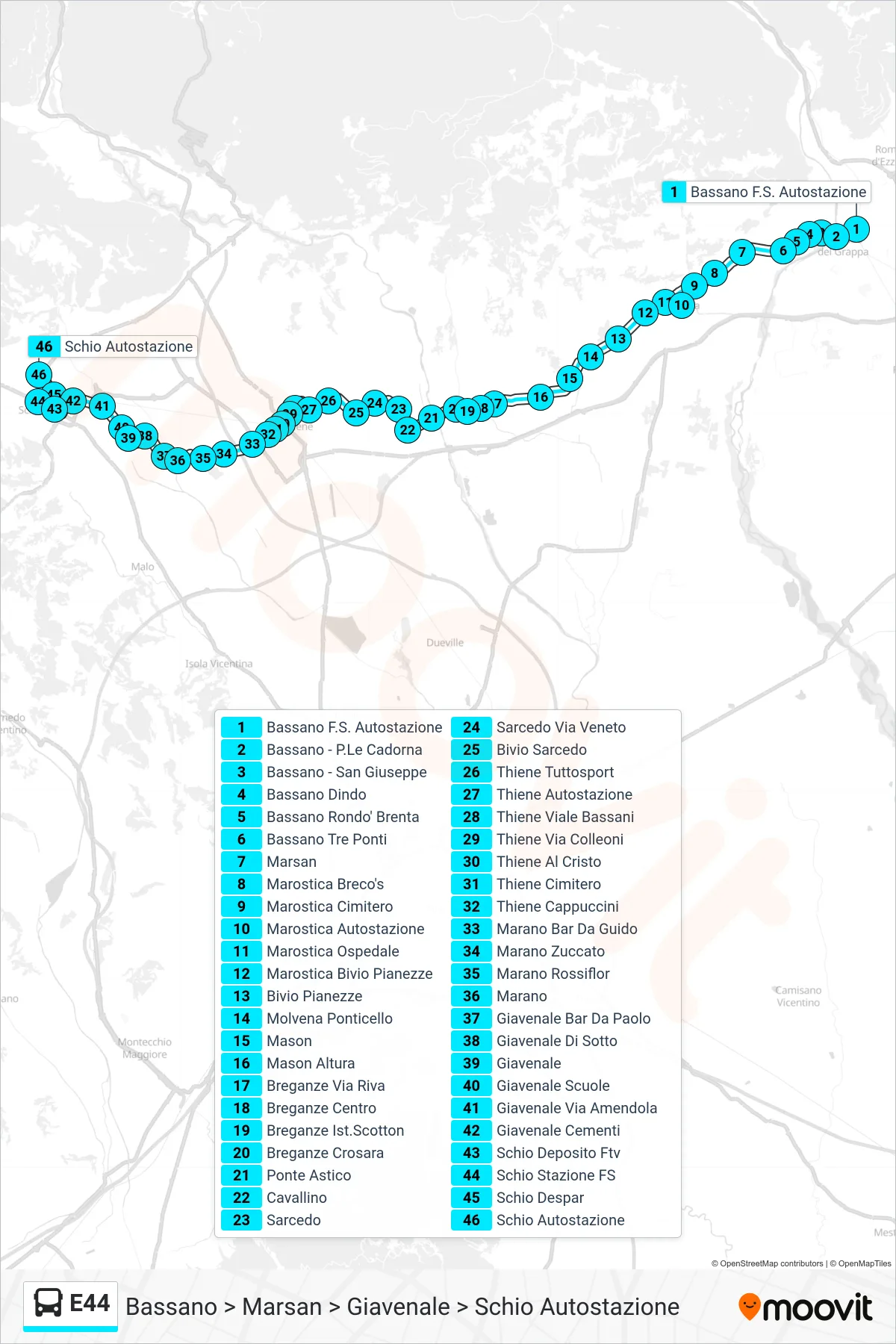 Linea E44  bus (Bassano > Marsan > Giavenale > Schio Autostazione) - Percorsi e fermate sulla mappa