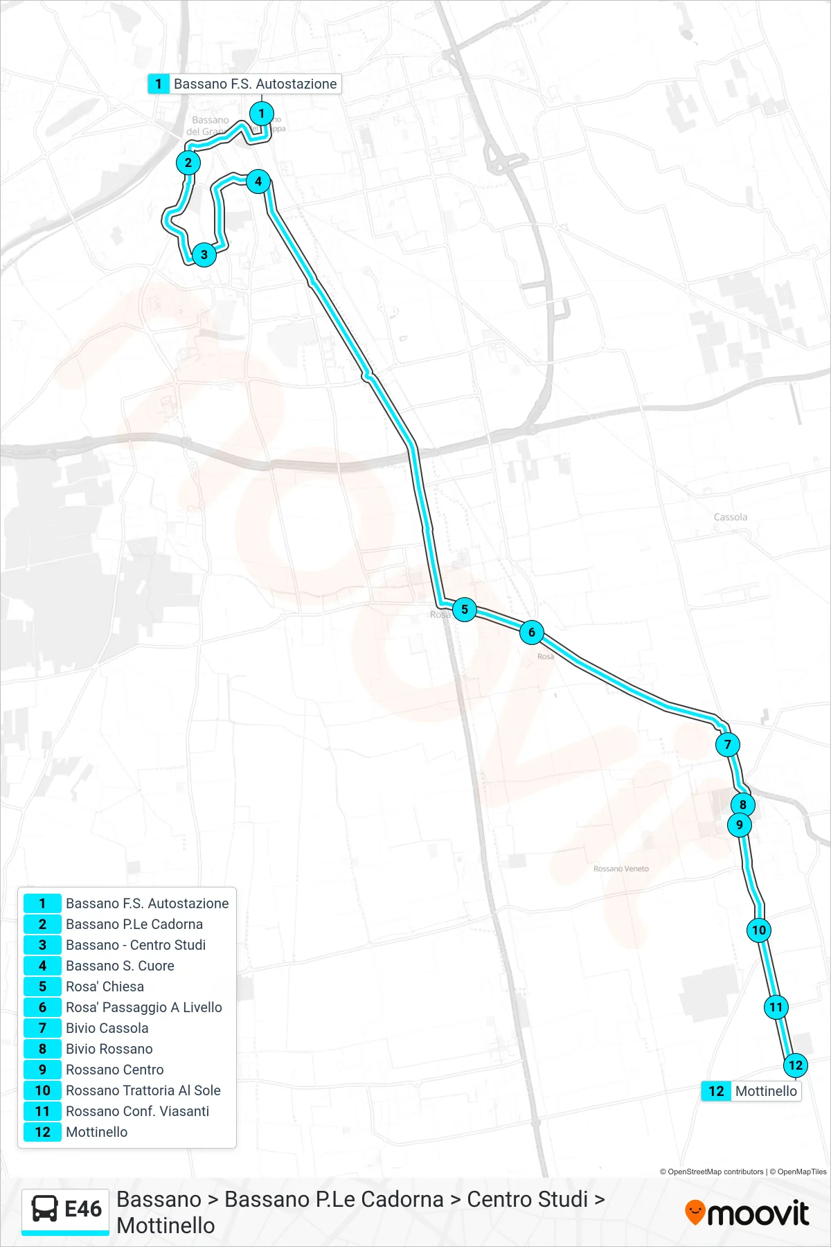 Linea E46  bus (Bassano > Bassano P.Le Cadorna > Centro Studi > Mottinello) - Percorsi e fermate sulla mappa