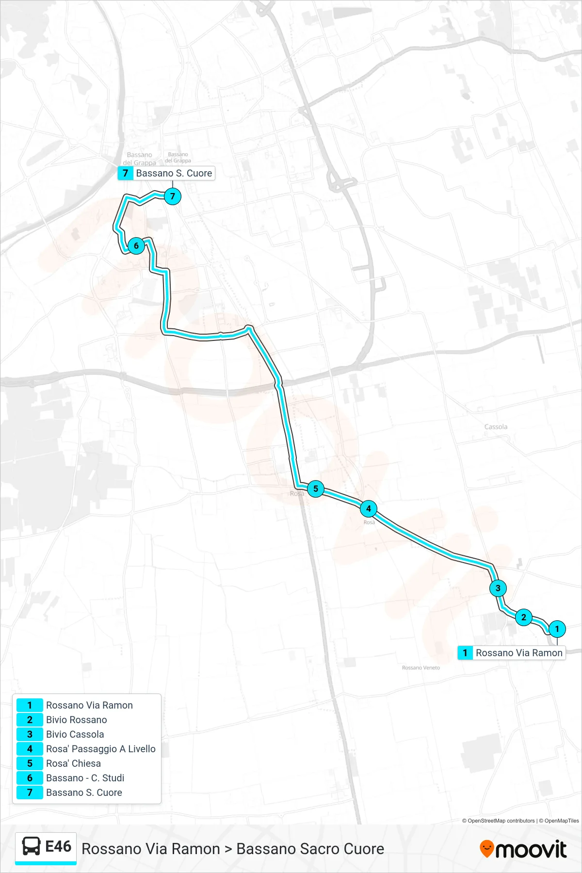 Linea E46  bus (Rossano Via Ramon > Bassano Sacro Cuore) - Percorsi e fermate sulla mappa