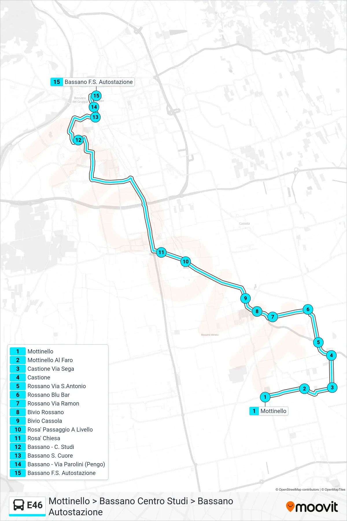 Linea E46 bus (Mottinello > Bassano Centro Studi > Bassano Autostazione) - Percorsi e fermate sulla mappa