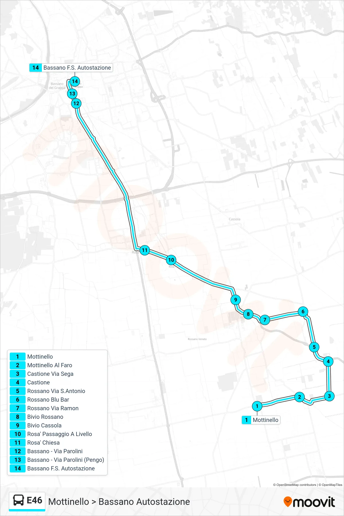 Linea E46 bus (Mottinello > Bassano Autostazione) - Percorsi e fermate sulla mappa