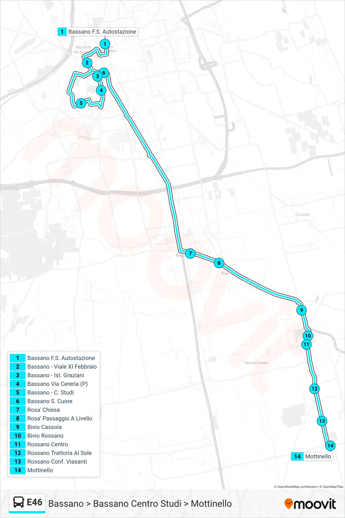 Linea E46  bus (Bassano > Bassano Centro Studi > Mottinello) - Percorsi e fermate sulla mappa