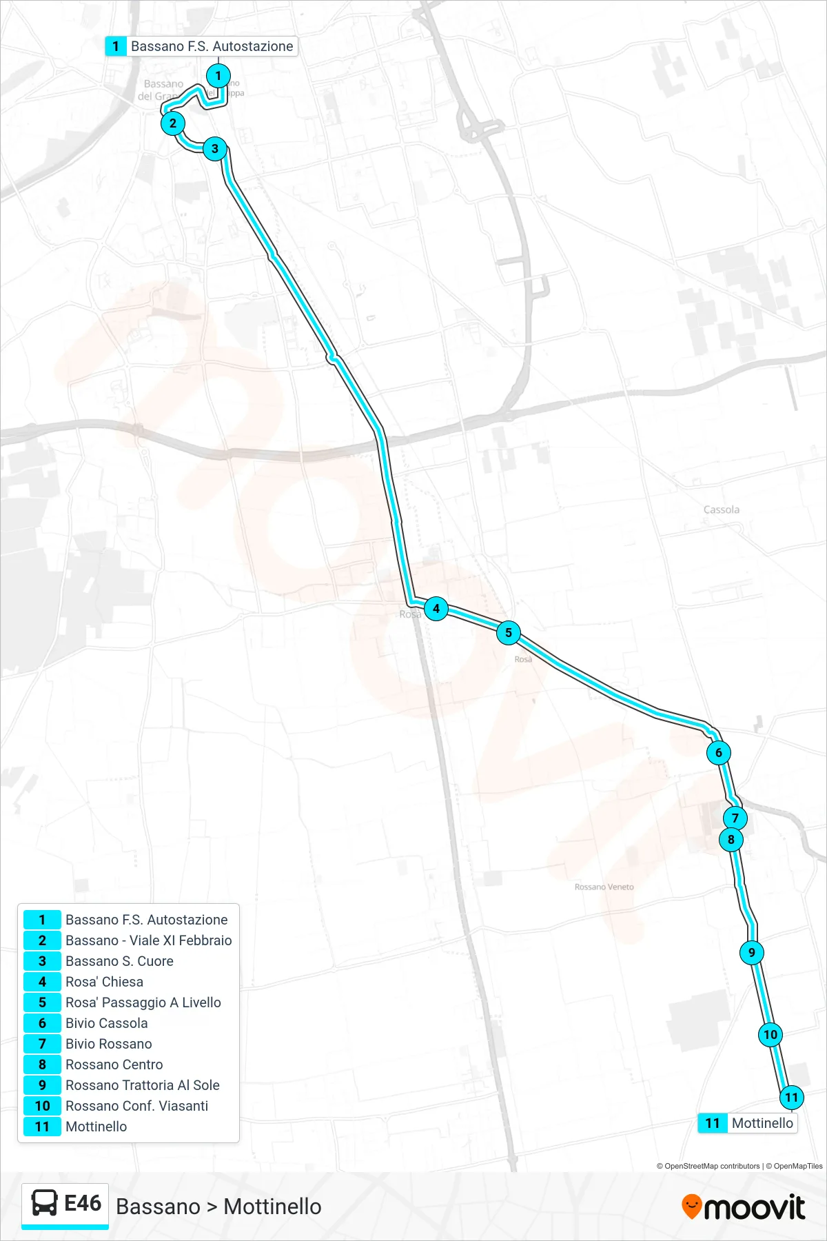 Linea E46 bus (Bassano > Mottinello) - Percorsi e fermate sulla mappa
