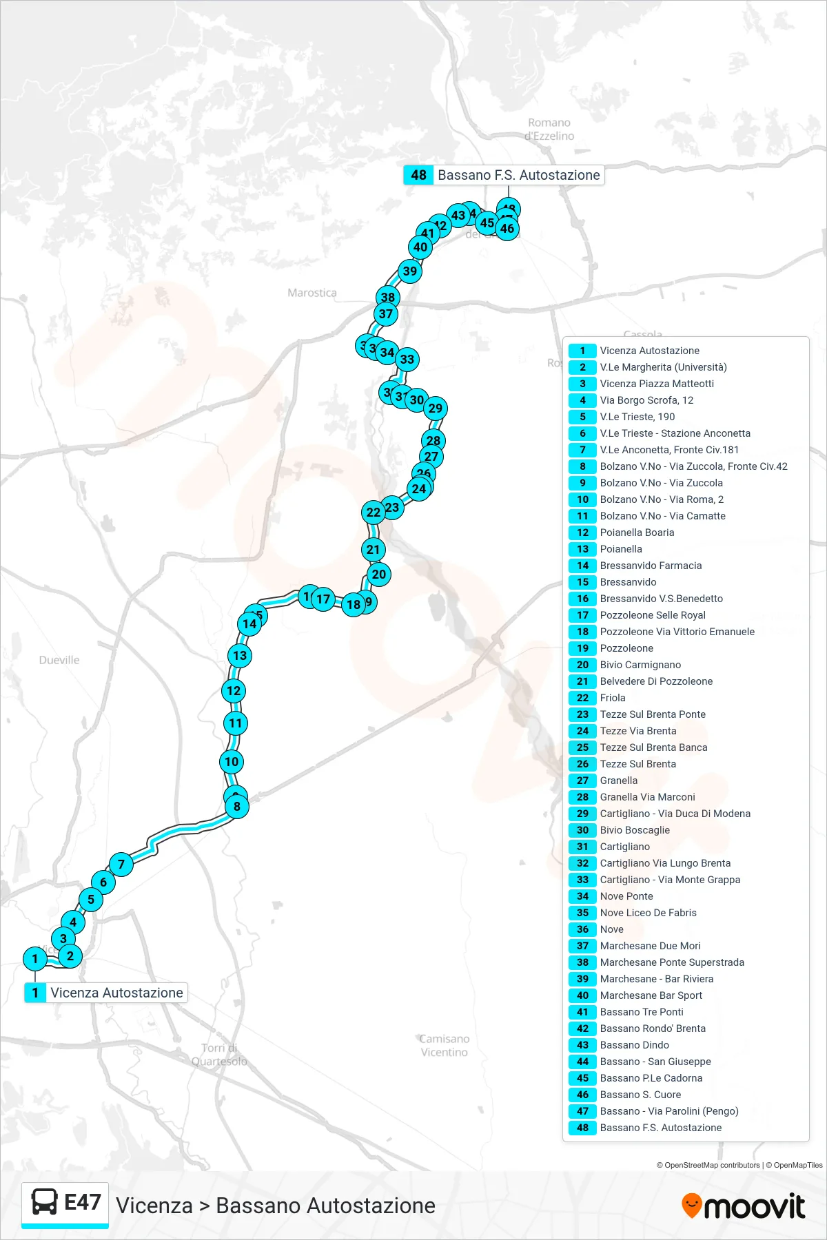 Linea E47  bus (Vicenza > Bassano Autostazione) - Percorsi e fermate sulla mappa