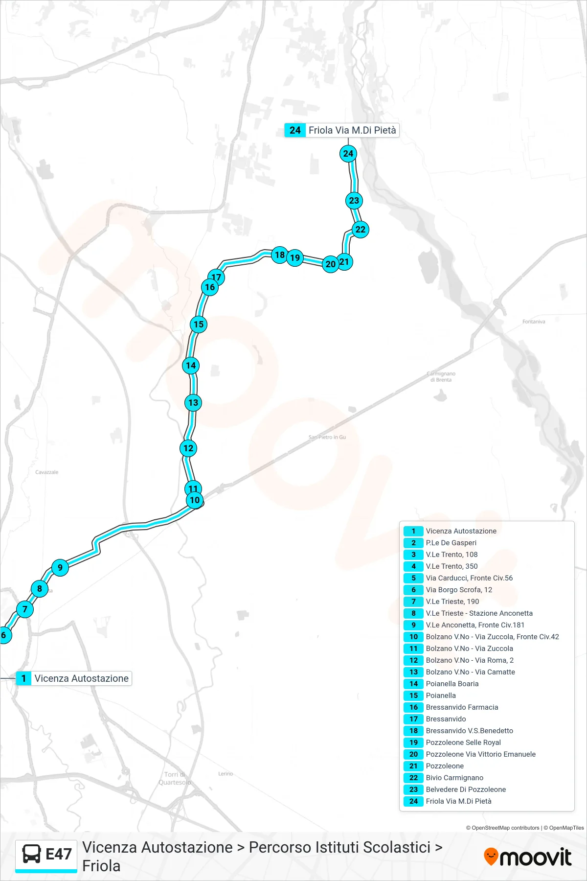 Linea E47 bus (Vicenza Autostazione > Percorso Istituti Scolastici > Friola) - Percorsi e fermate sulla mappa