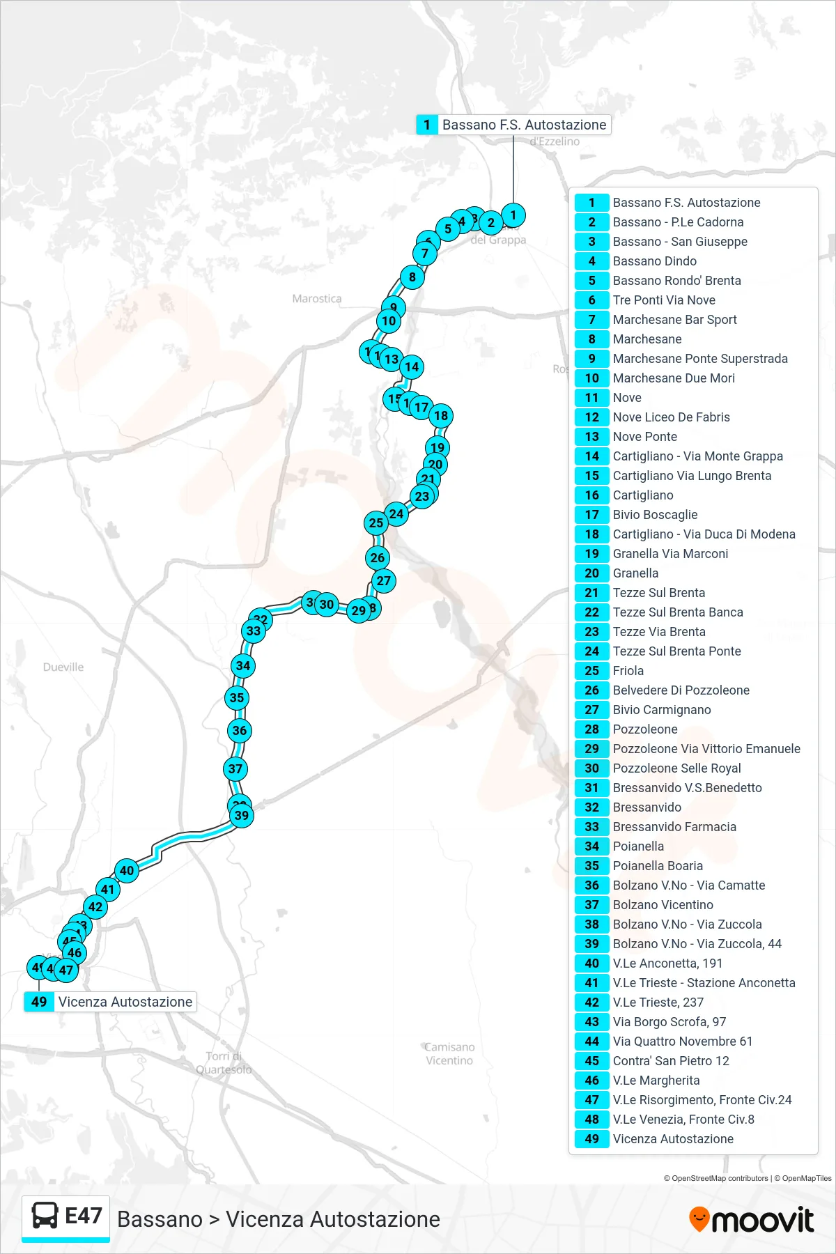 E47 bus Line (Bassano to Vicenza Bus Station) route and stops on a map