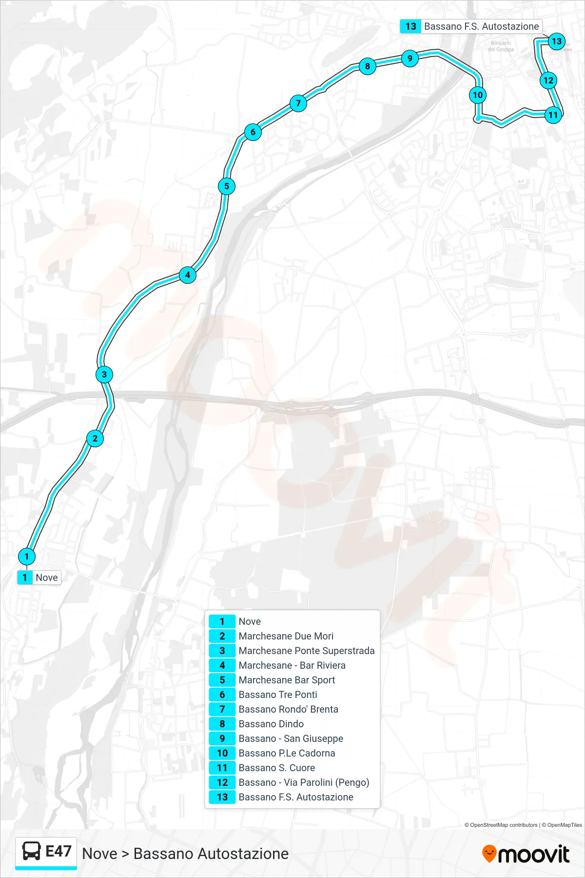 E47 bus Line (Nove > Bassano Bus Station) route and stops on a map