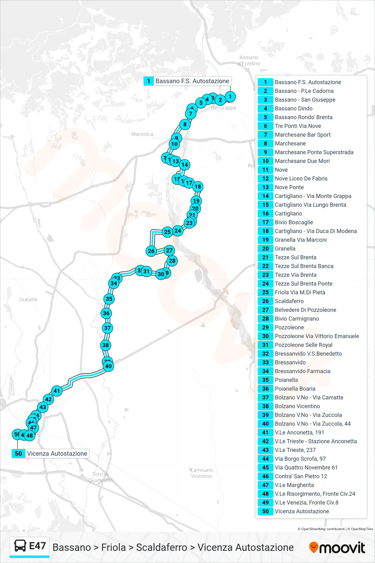 Linea E47 bus (Bassano > Friola > Scaldaferro > Vicenza Autostazione) - Percorsi e fermate sulla mappa
