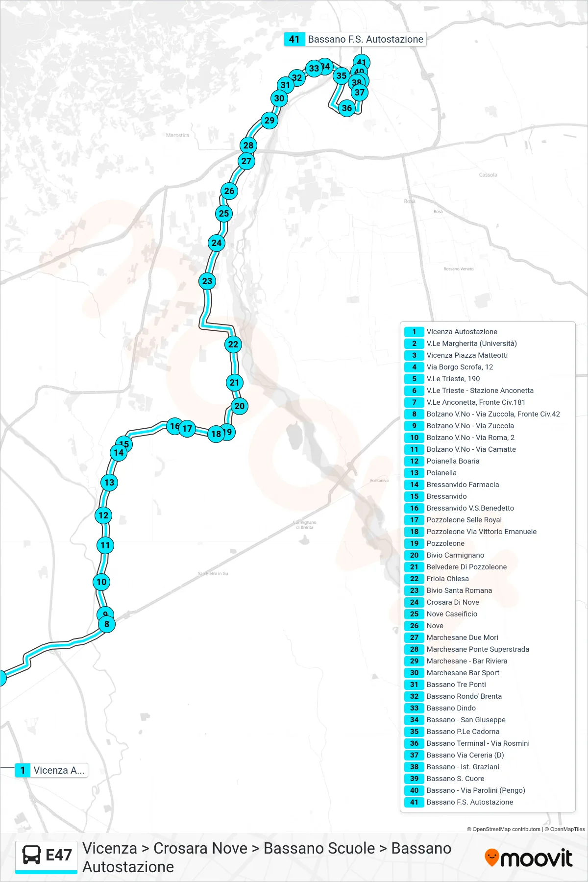 Linea E47 bus (Vicenza > Crosara Nove > Bassano Scuole > Bassano Autostazione) - Percorsi e fermate sulla mappa