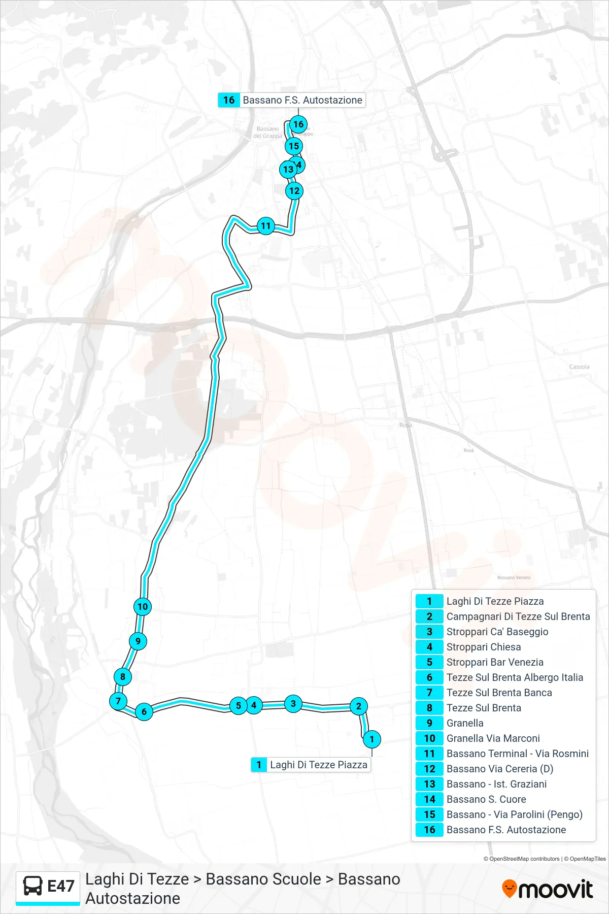 Linea E47 bus (Laghi Di Tezze > Bassano Scuole > Bassano Autostazione) - Percorsi e fermate sulla mappa
