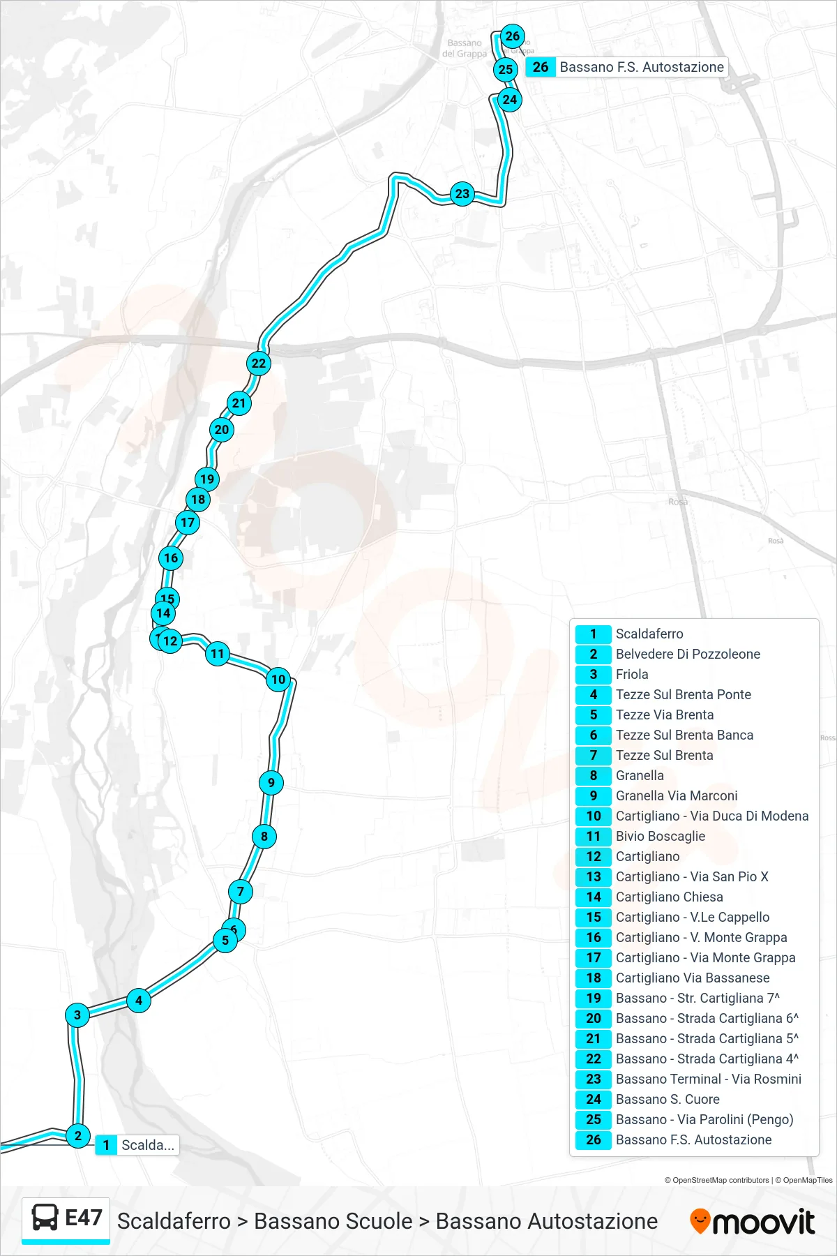 E47 bus Line (Scaldaferro > Bassano Schools > Bassano Bus Station) route and stops on a map