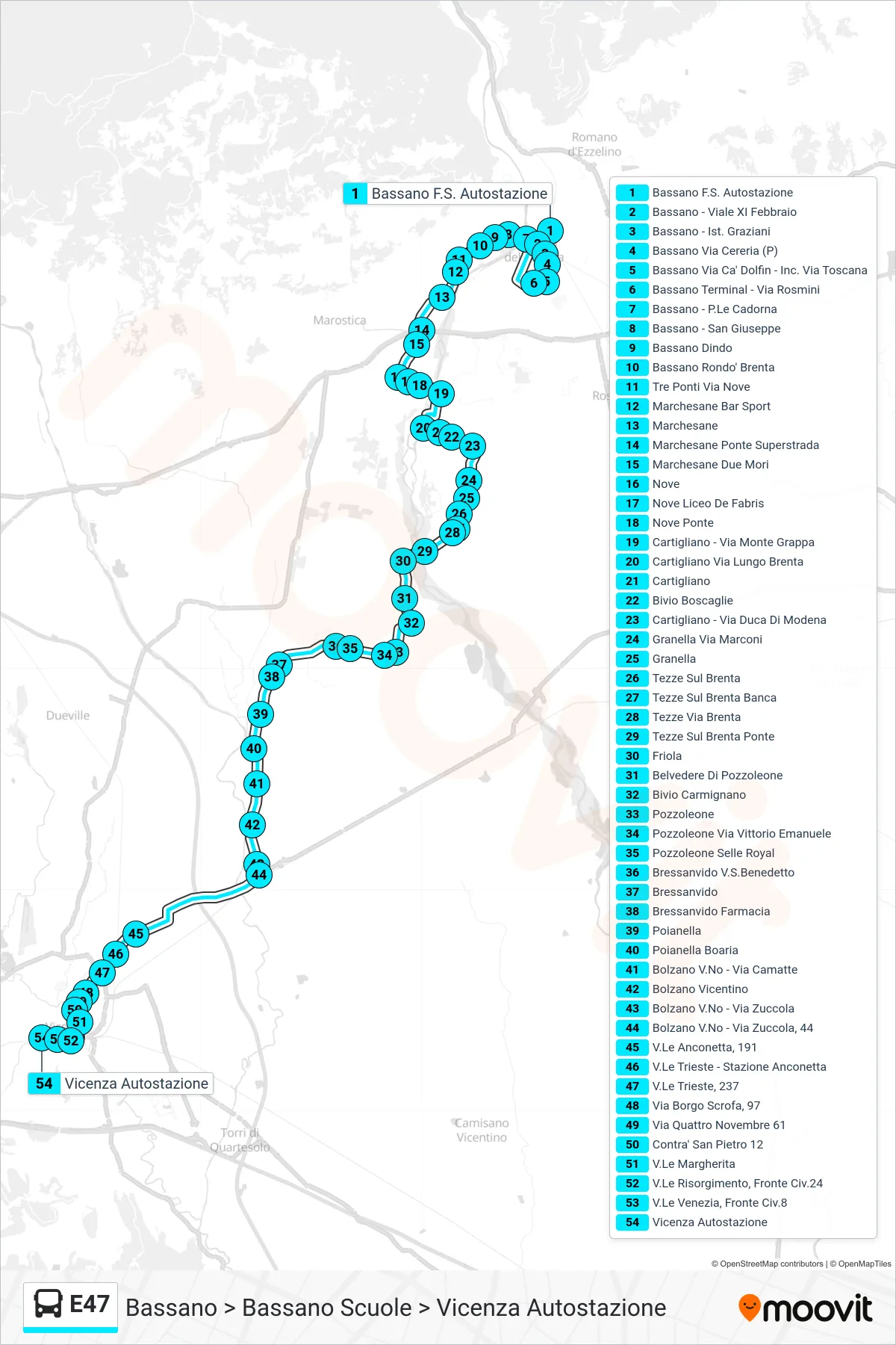 Linea E47 bus (Bassano > Bassano Scuole > Vicenza Autostazione) - Percorsi e fermate sulla mappa