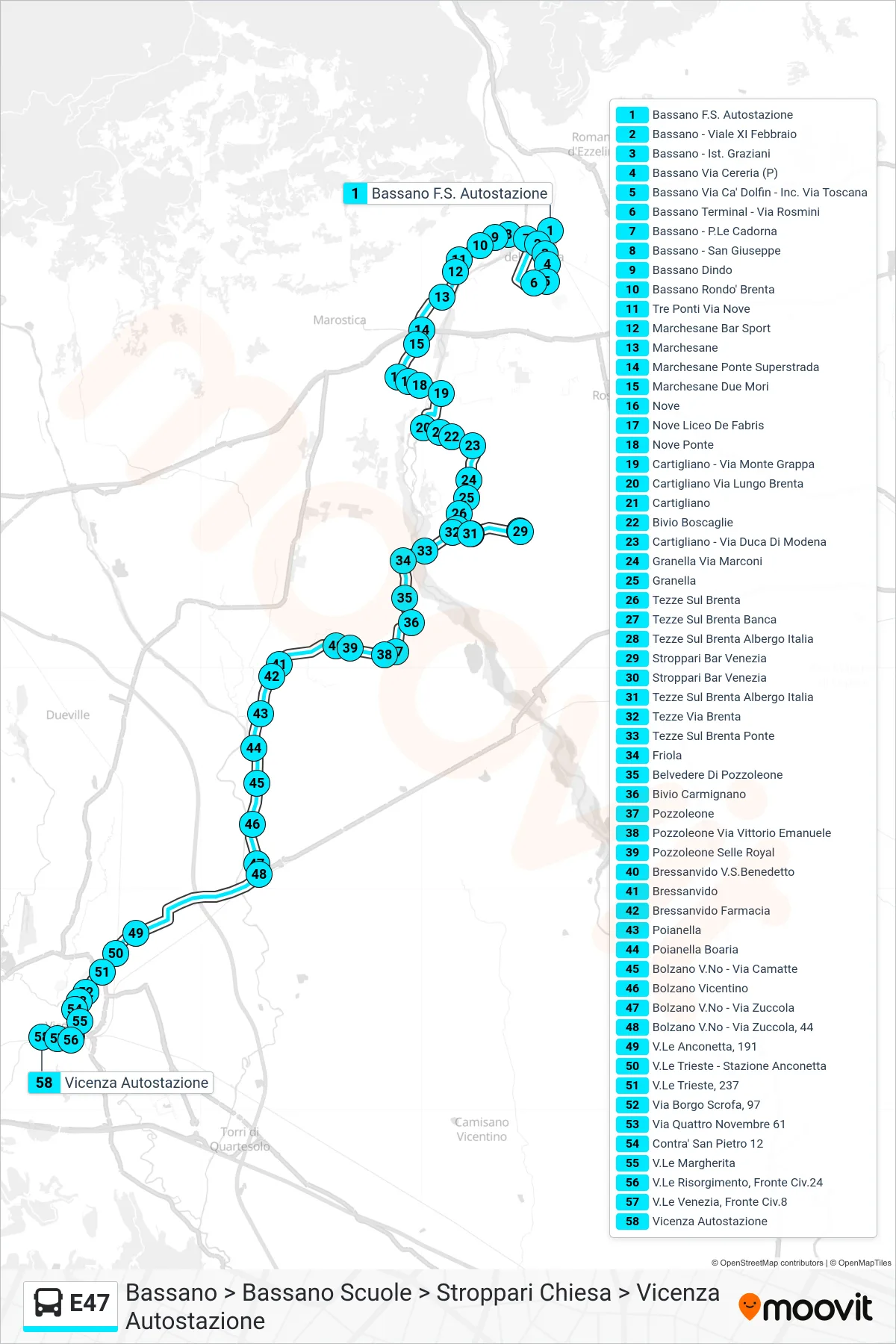 Linea E47 bus (Bassano > Bassano Scuole > Stroppari Chiesa > Vicenza Autostazione) - Percorsi e fermate sulla mappa
