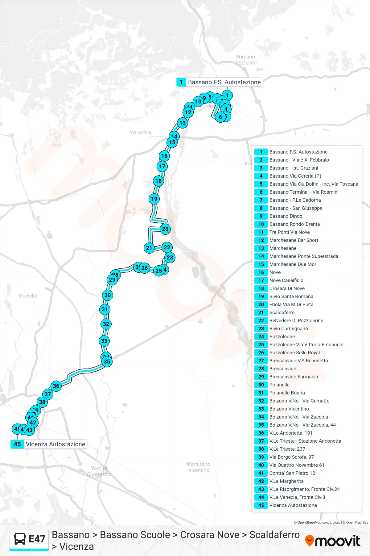 E47 bus Line (Bassano > Bassano Schools > Crosara Nove > Scaldaferro > Vicenza) route and stops on a map