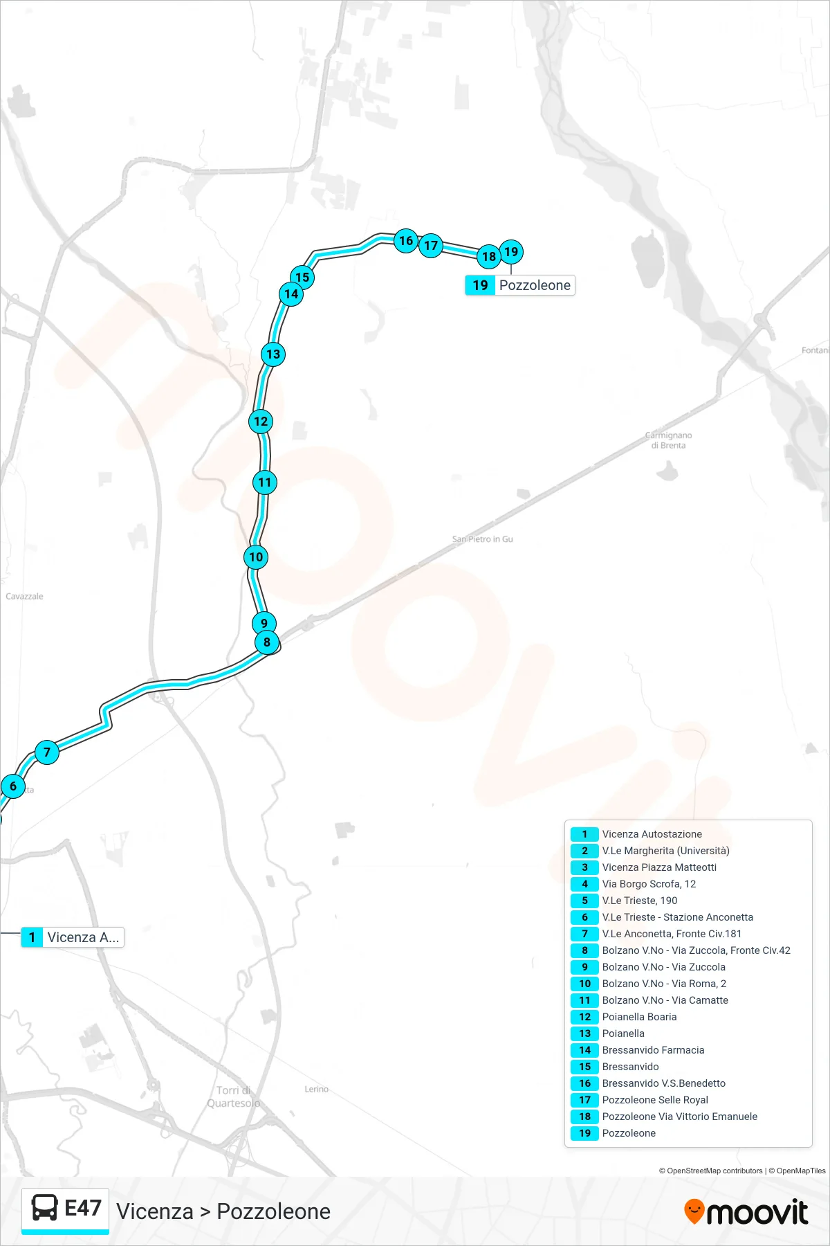 Linea E47 bus (Vicenza > Pozzoleone) - Percorsi e fermate sulla mappa